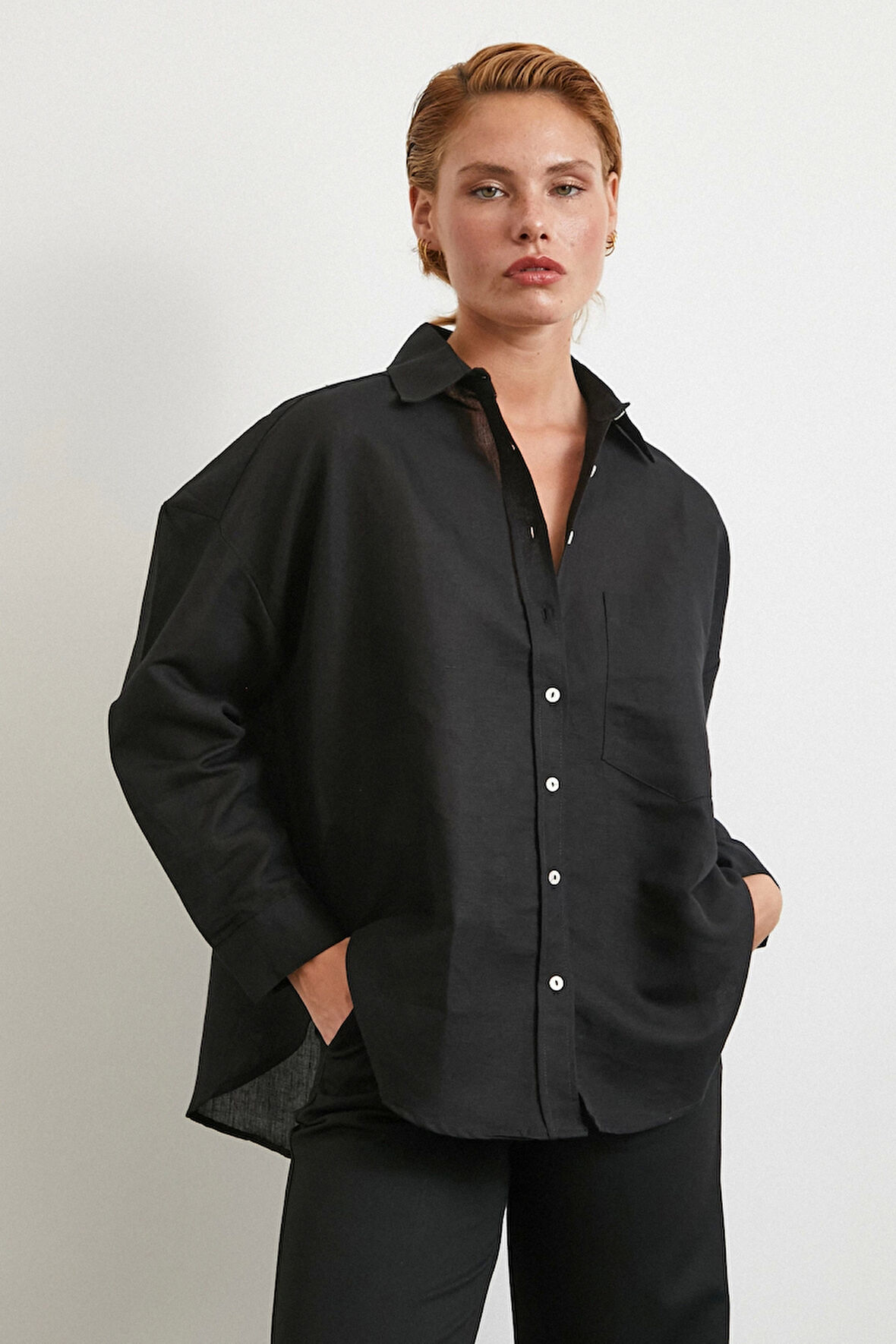 Cepli Oversize Keten Gömlek Siyah