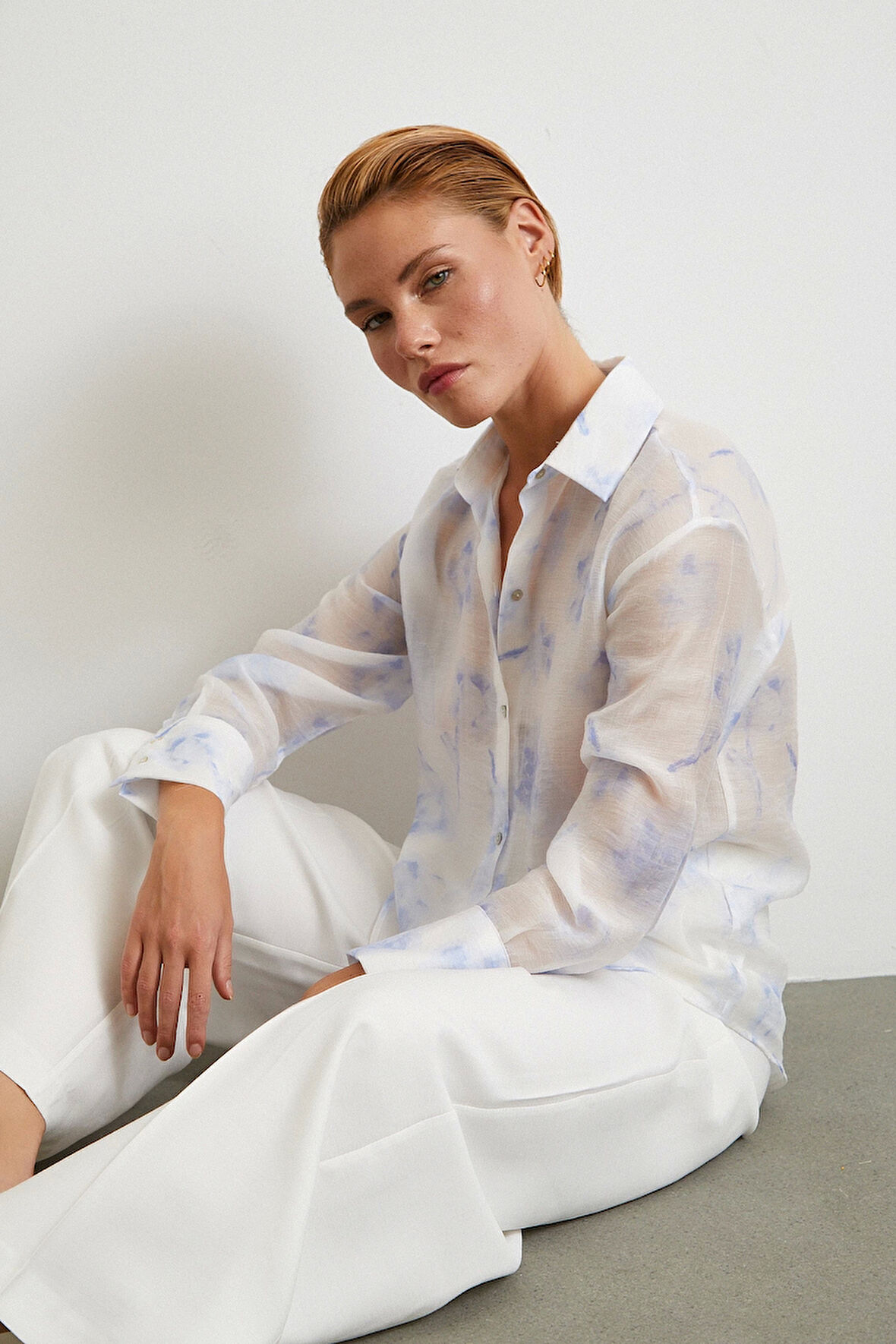 Organze Desenli Tül Gömlek Mavi