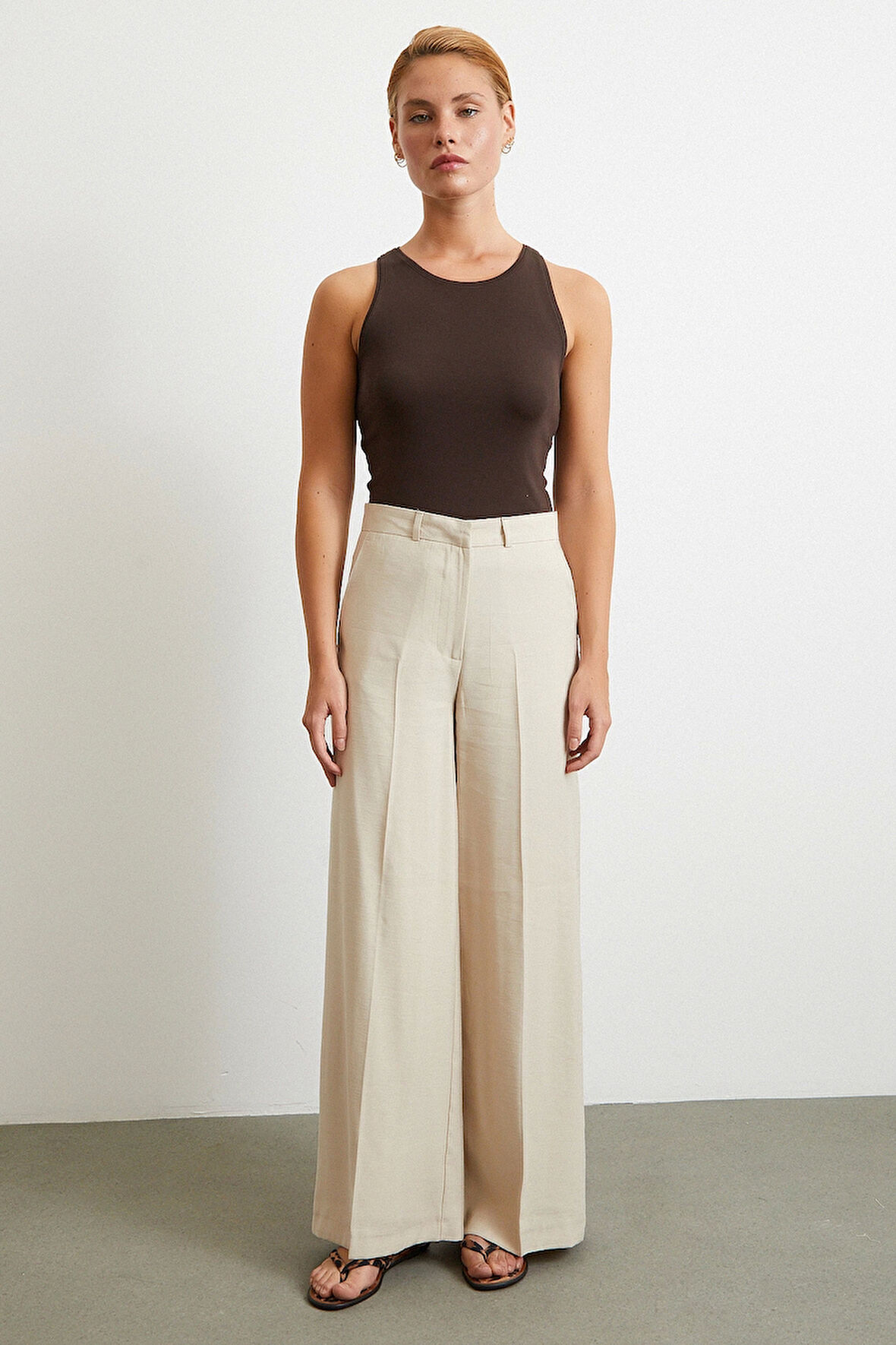 Geniş Paça Palazzo Pantolon Taş