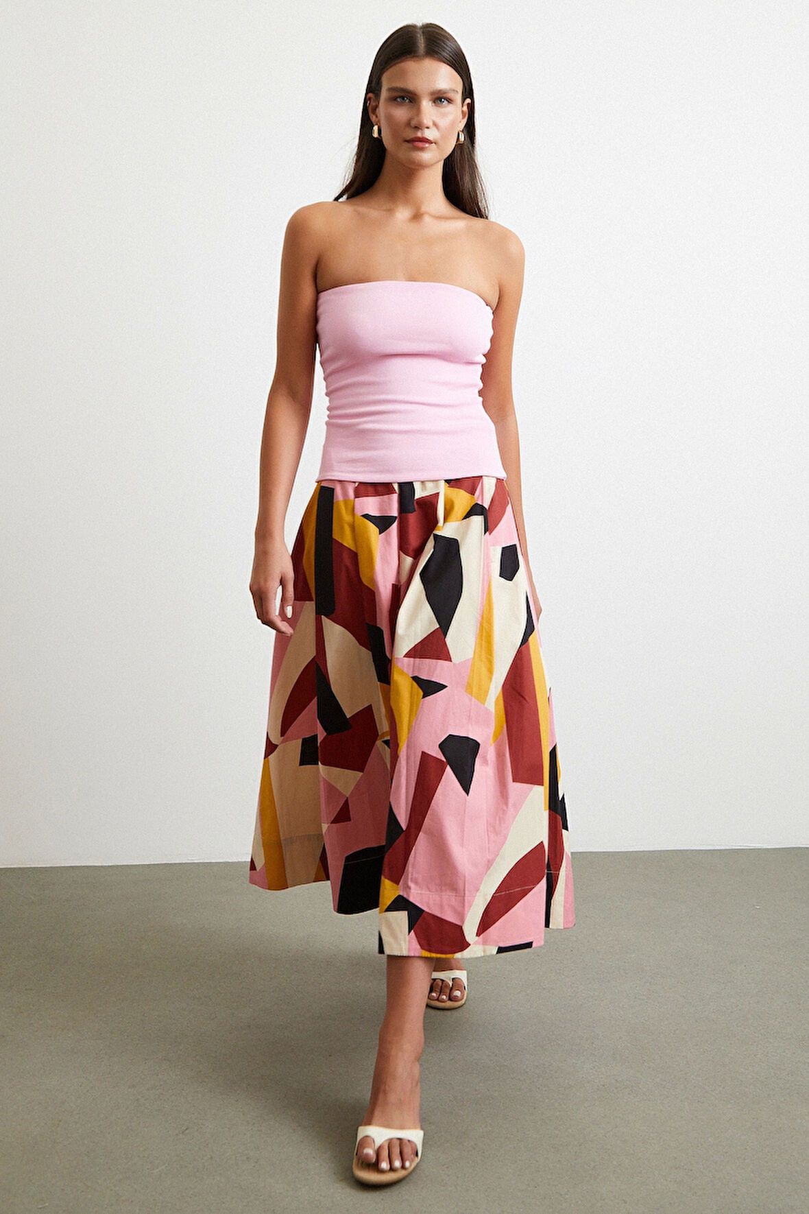 Desenli Midi Etek Pembe