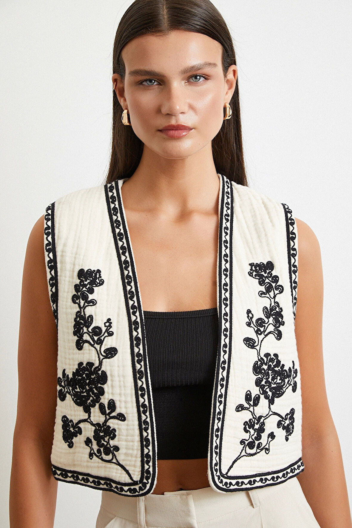 Nakışlı Oversize Yelek Krem