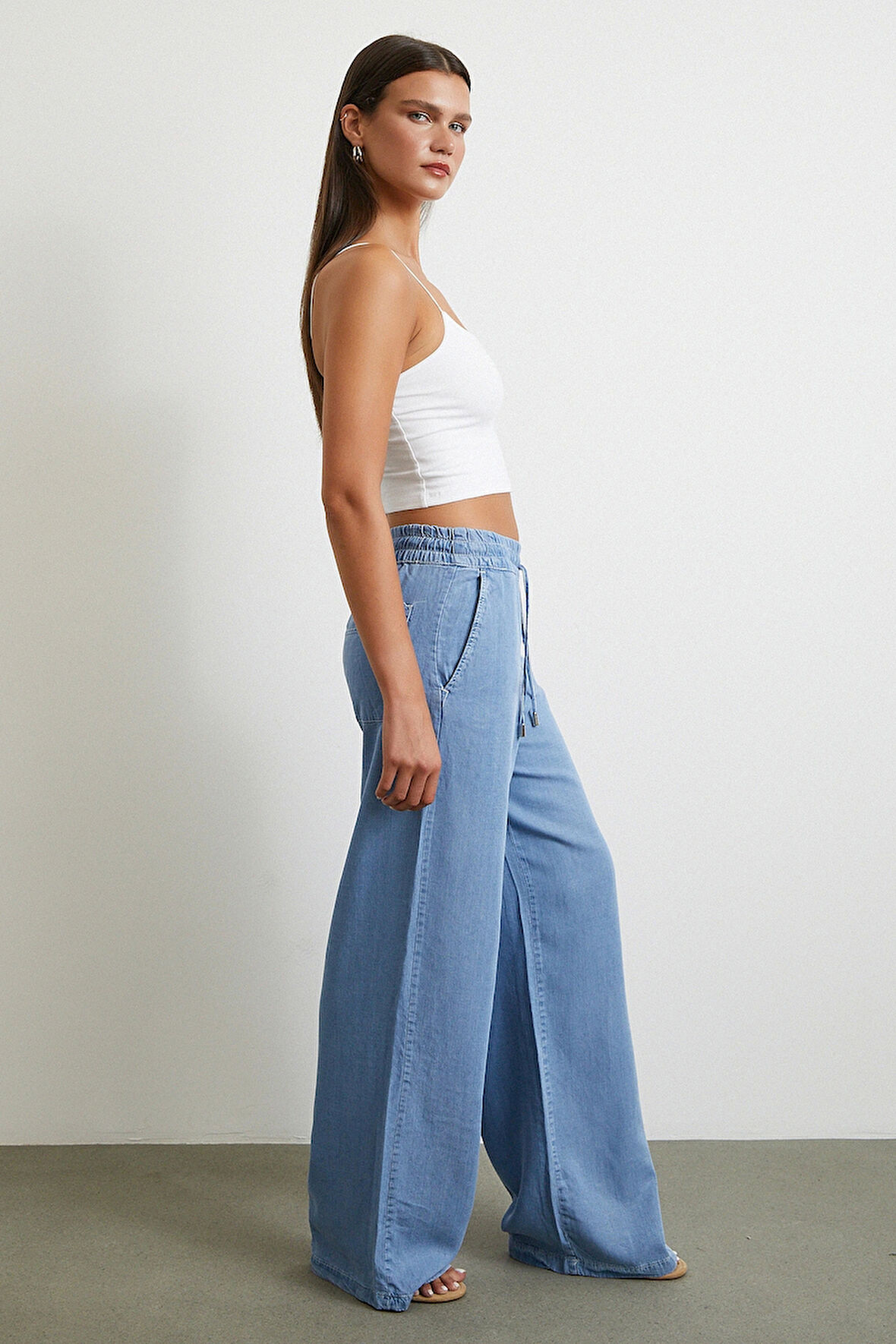 Beli Lastikli Bağcıklı Geniş Paça Pantolon Mavi