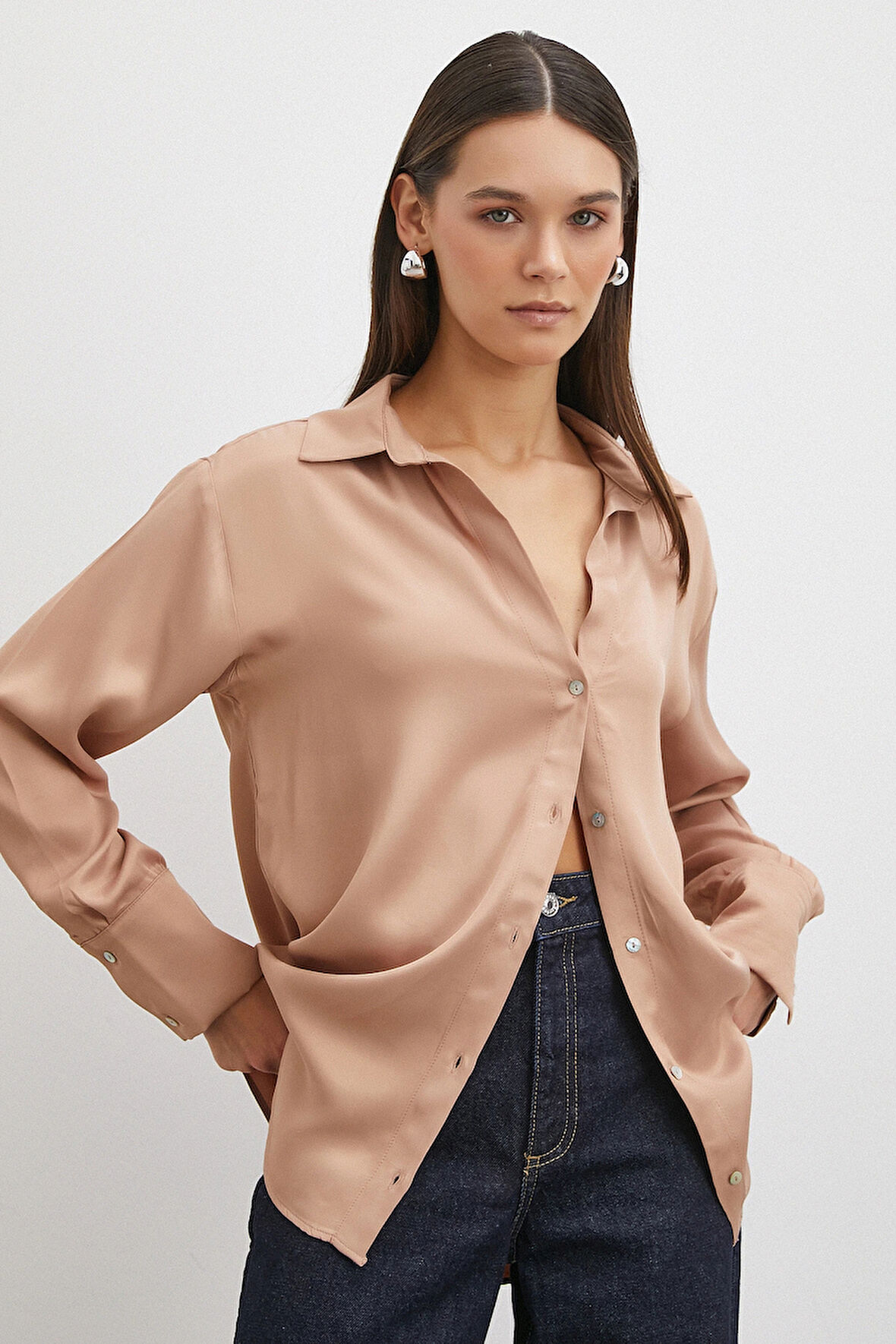 Viskon Saten Gömlek Somon