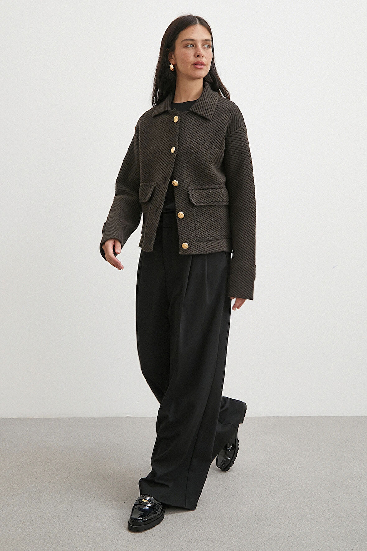 Polo Yaka Cepli Gold Düğmeli Ceket Kahve