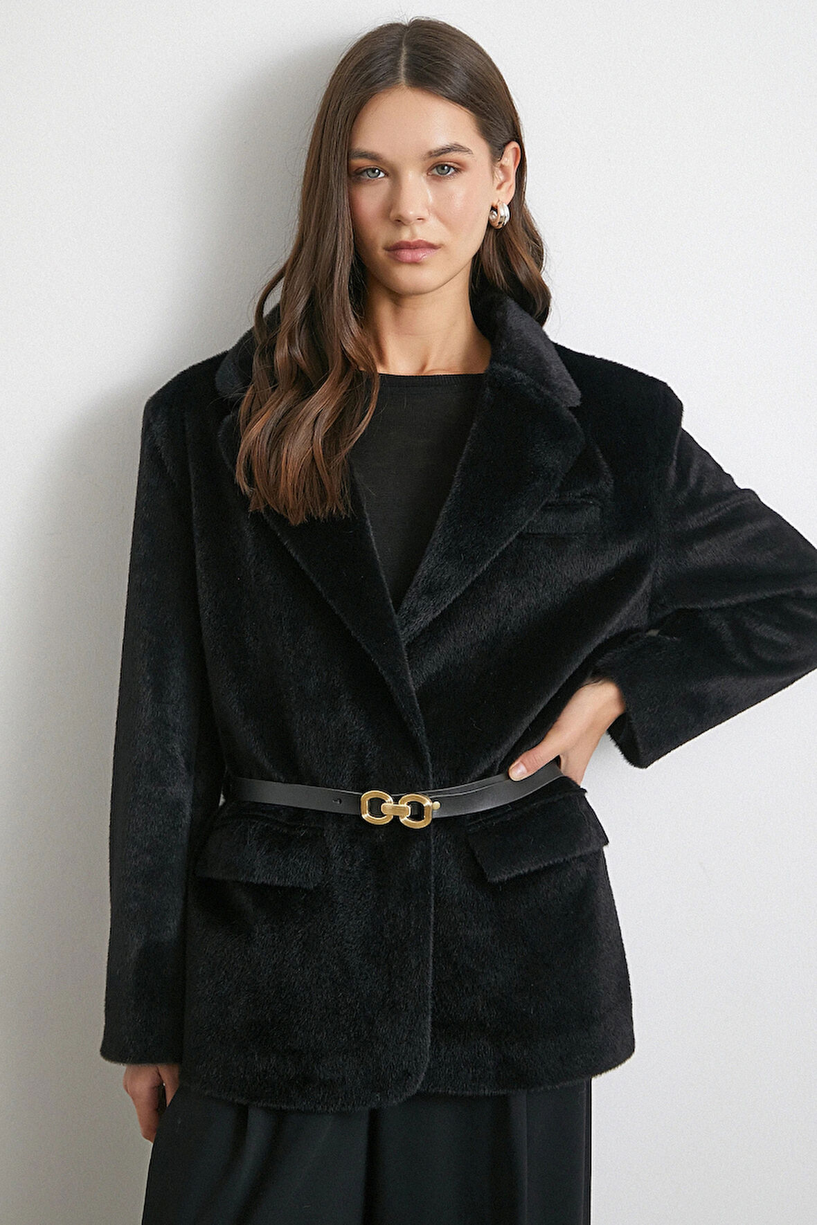 Kemerli Tay Flock Ceket Siyah