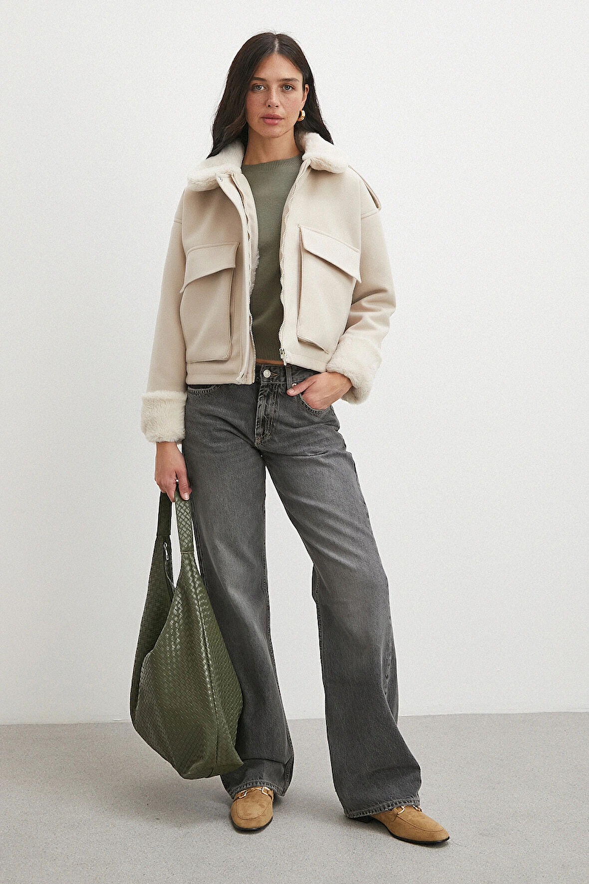 Apoletli Yünlü Körük Cepli Kaşe Mont Bej