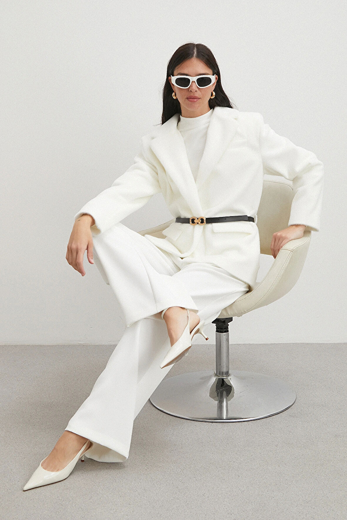 Kemerli Tay Flock Ceket Beyaz