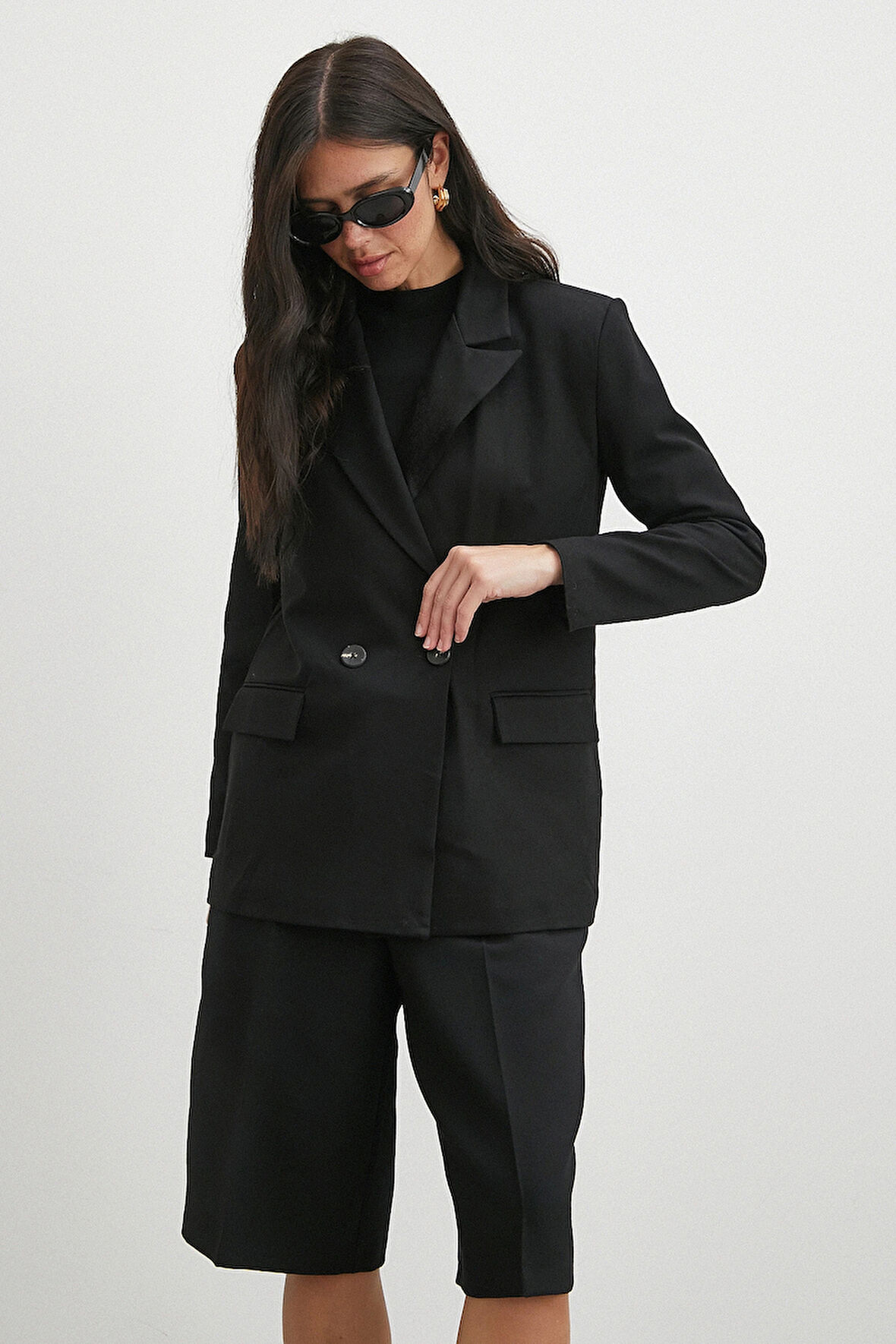 Çift Dügmeli Cep Kapaklı Blazer Ceket Siyah