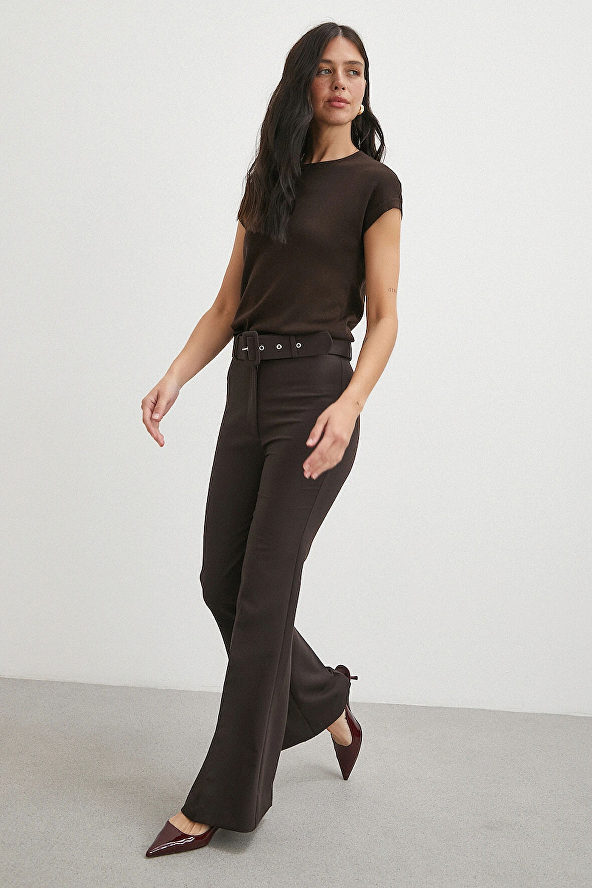 Kemerli İspanyol Paça Pantolon Kahve