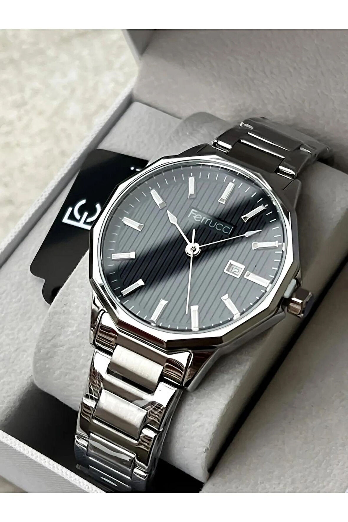 Ferrucci Business Çelik Kordon Silver Takvimli Erkek Kol Saati+Bileklik
