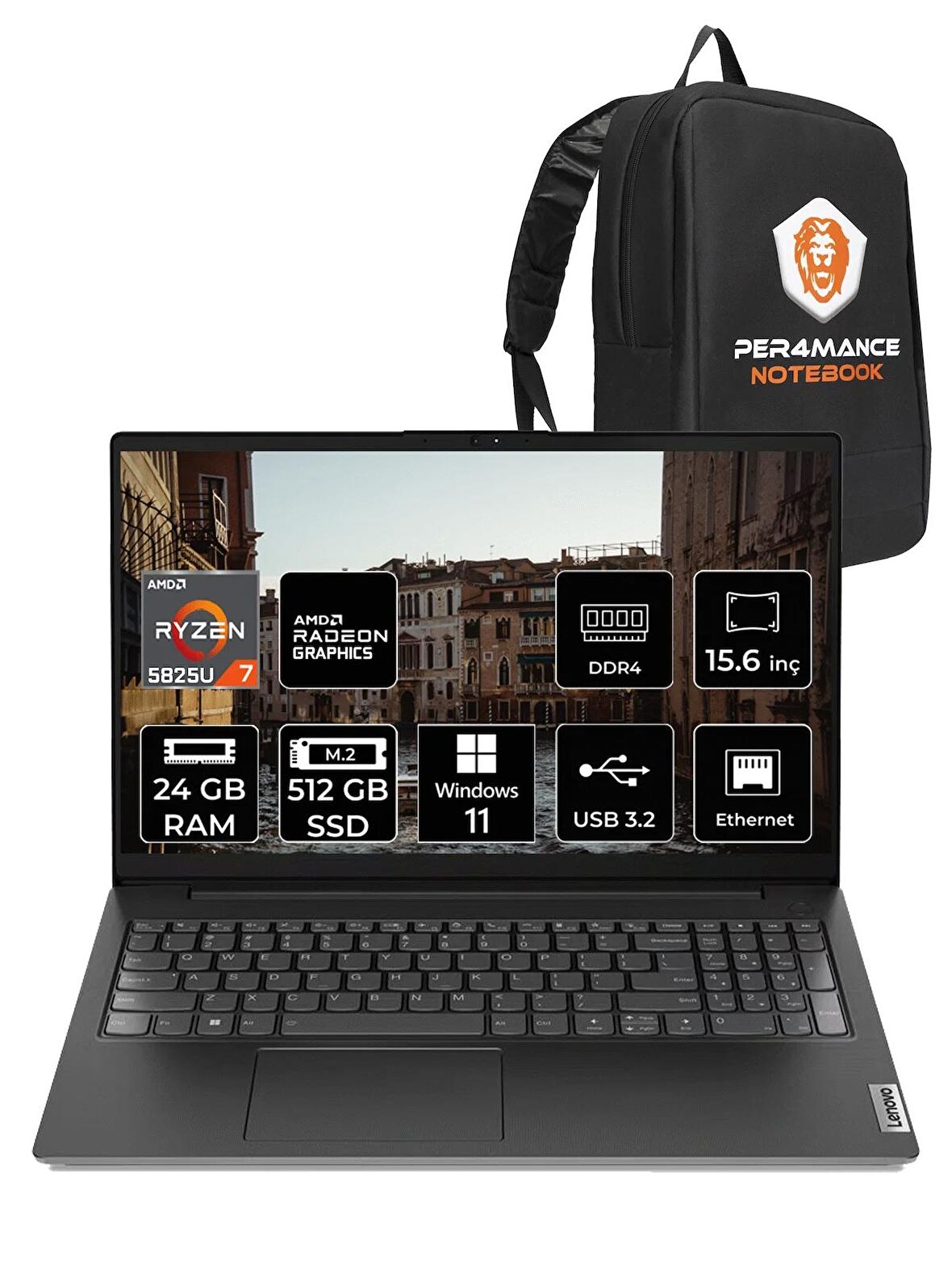 Lenovo V15 G3 Amd R7 5825U 24GB 512GB SSD 15.6" FHD W11HOME 82TV004MTX & PER4 ÇANTA