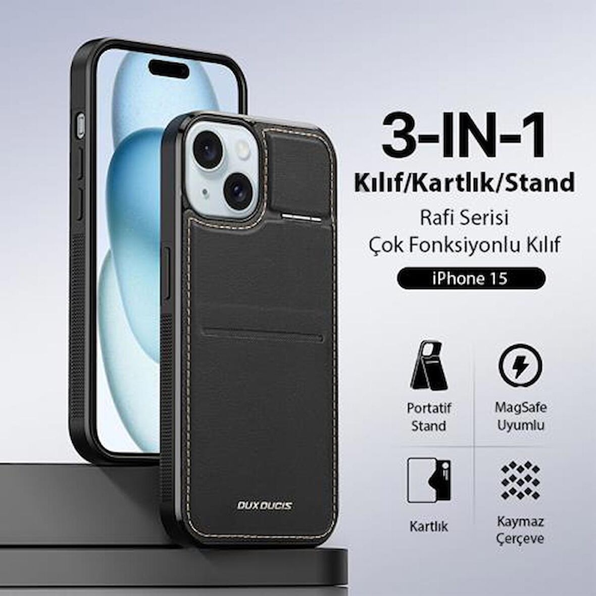 Coofbe Premium Deri 3in1 Magsafe iPhone 15 Kılıf Kartlık Telefon Standı İphone 15 Cüzdanlı Kılıf