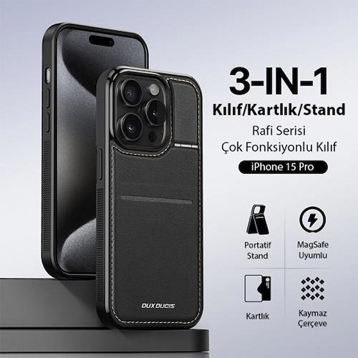 Coofbe Premium Deri 3in1 Magsafe iPhone 15 Pro Kılıf Kartlık Telefon Stand İphone 15 Pro Cüzdan Kılıf