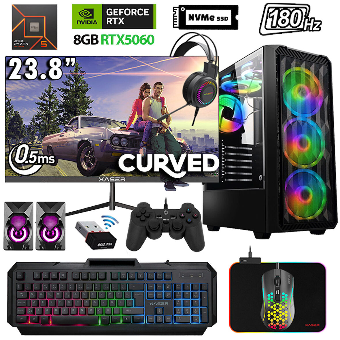 Xaser Xsr1154 Ryzen 5 7500F 32GB DDR5 Ram 2TB M.2 NVMe SSD 8GB RTX5060 23.8" 180Hz Oyuncu Bilgisayarı