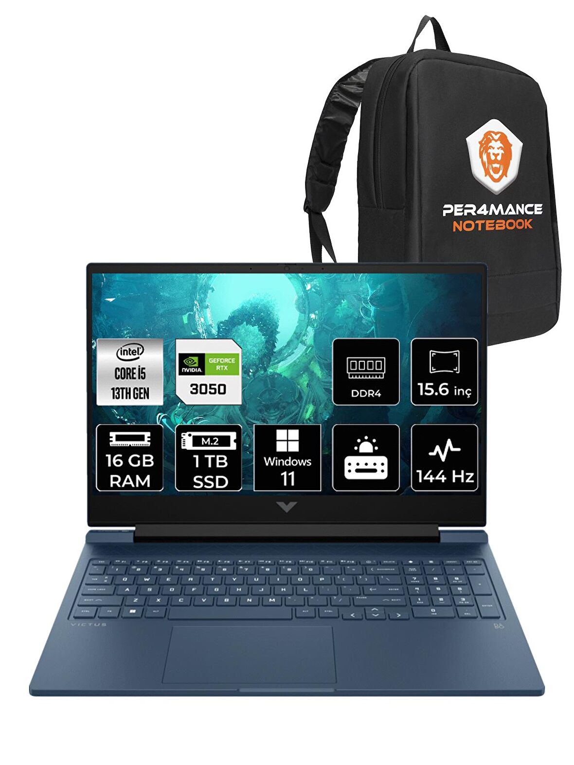 HP Victus 15 i5-13500H 16GB 1TB SSD RTX3050/6GB 144HZ 15.6'' FHD W11PRO 7P8L0EA & PER4 ÇANTA