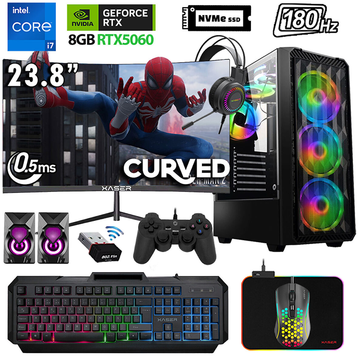 Xaser Xsr1136 i7 14700F 32GB DDR5 Ram 2TB M.2 NVMe SSD 8GB RTX5060 23.8" 180Hz Oyuncu Bilgisayarı