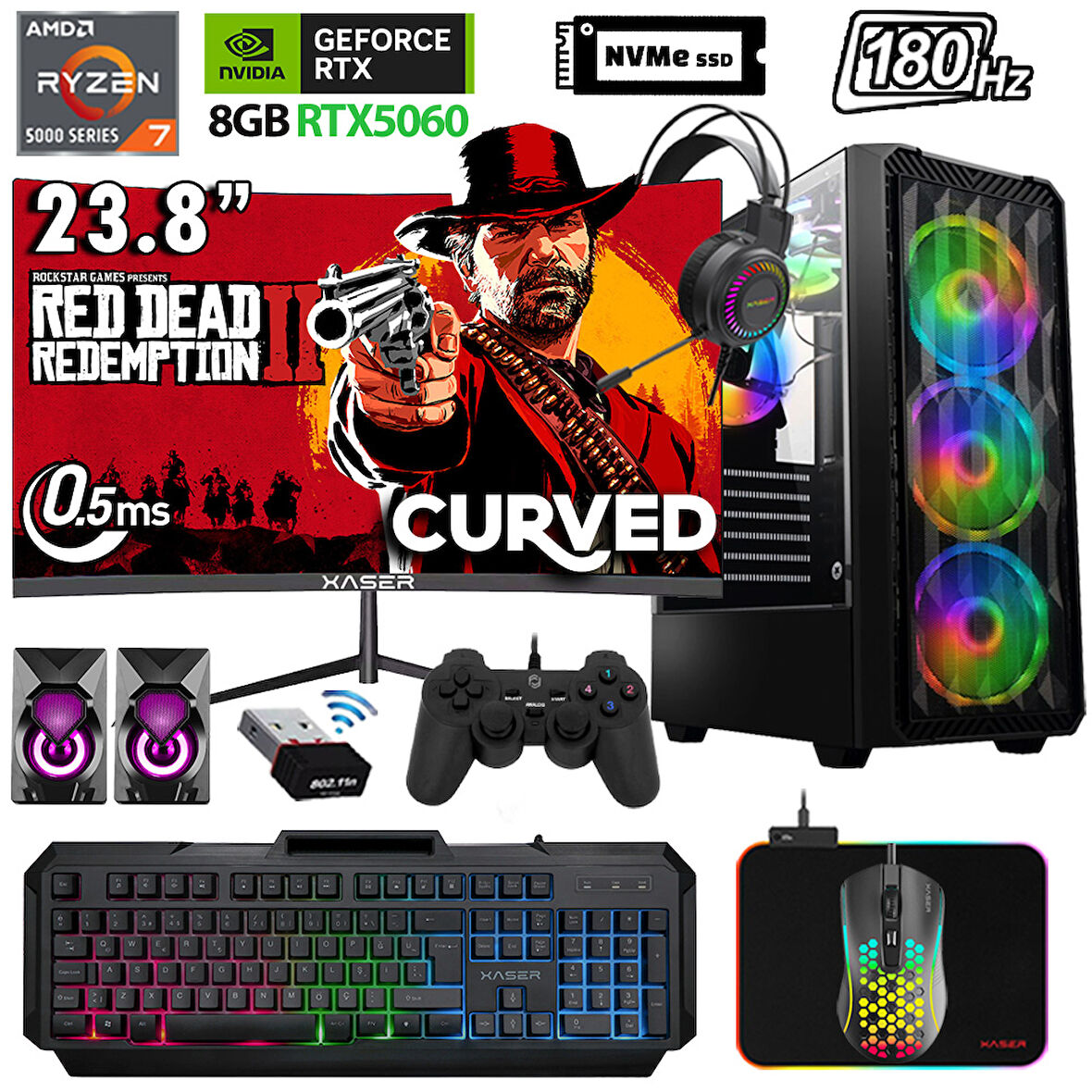 Xaser Xsr1142 Ryzen 7 5700X 32GB Ram 2TB M.2 NVMe SSD 8GB RTX5060 23.8" 180Hz Oyuncu Bilgisayarı
