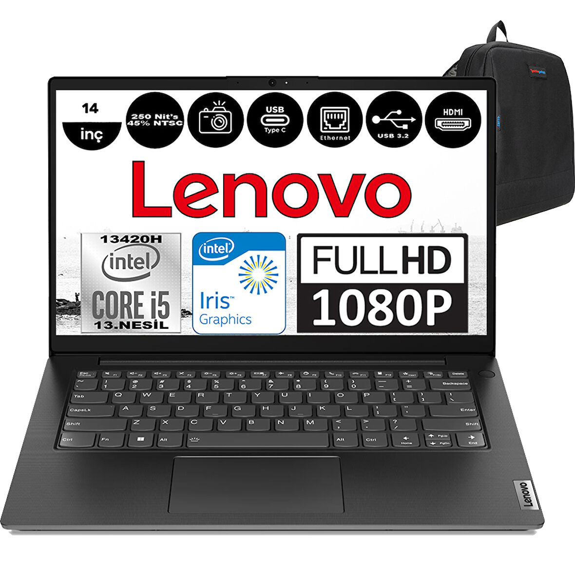 Lenovo V14 Gen4 Iru Intel Core I5 13420H 12GB 256GB SSD Freedos 14 Inç Fullhd Taşınabilir Bilgisayar 83A00064TRF06 + Zetta Çanta