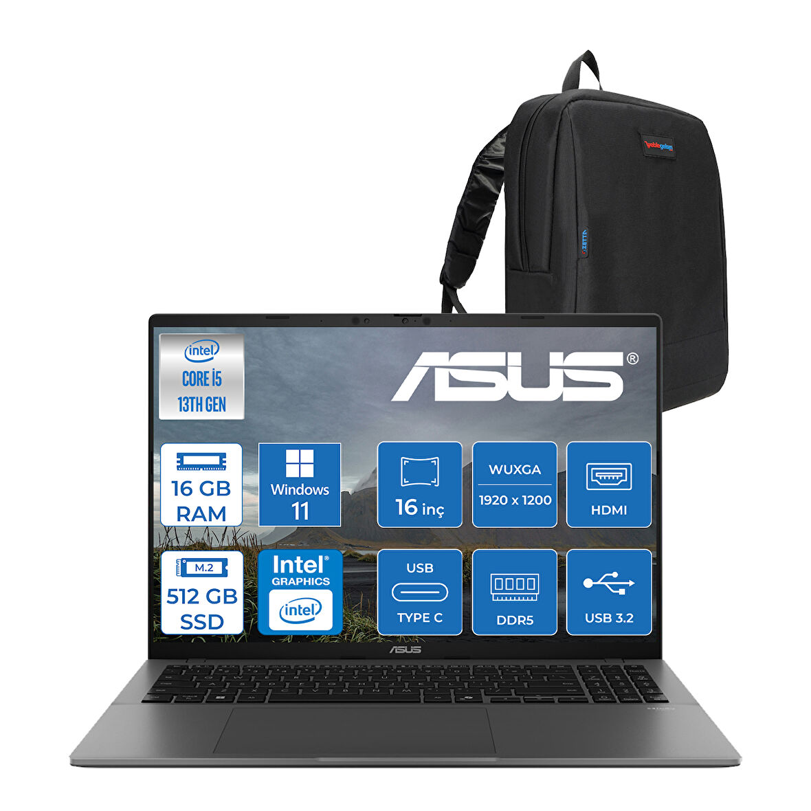 Asus Vivobook S16 S3607VA Intel Core I5 13420H Ddr5 16GB 512GB SSD Windows 11 Pro 16" 300NITS Wuxga IPS 144HZ Taşınabilir Bilgisayar RP030WP01 + Zetta Çanta