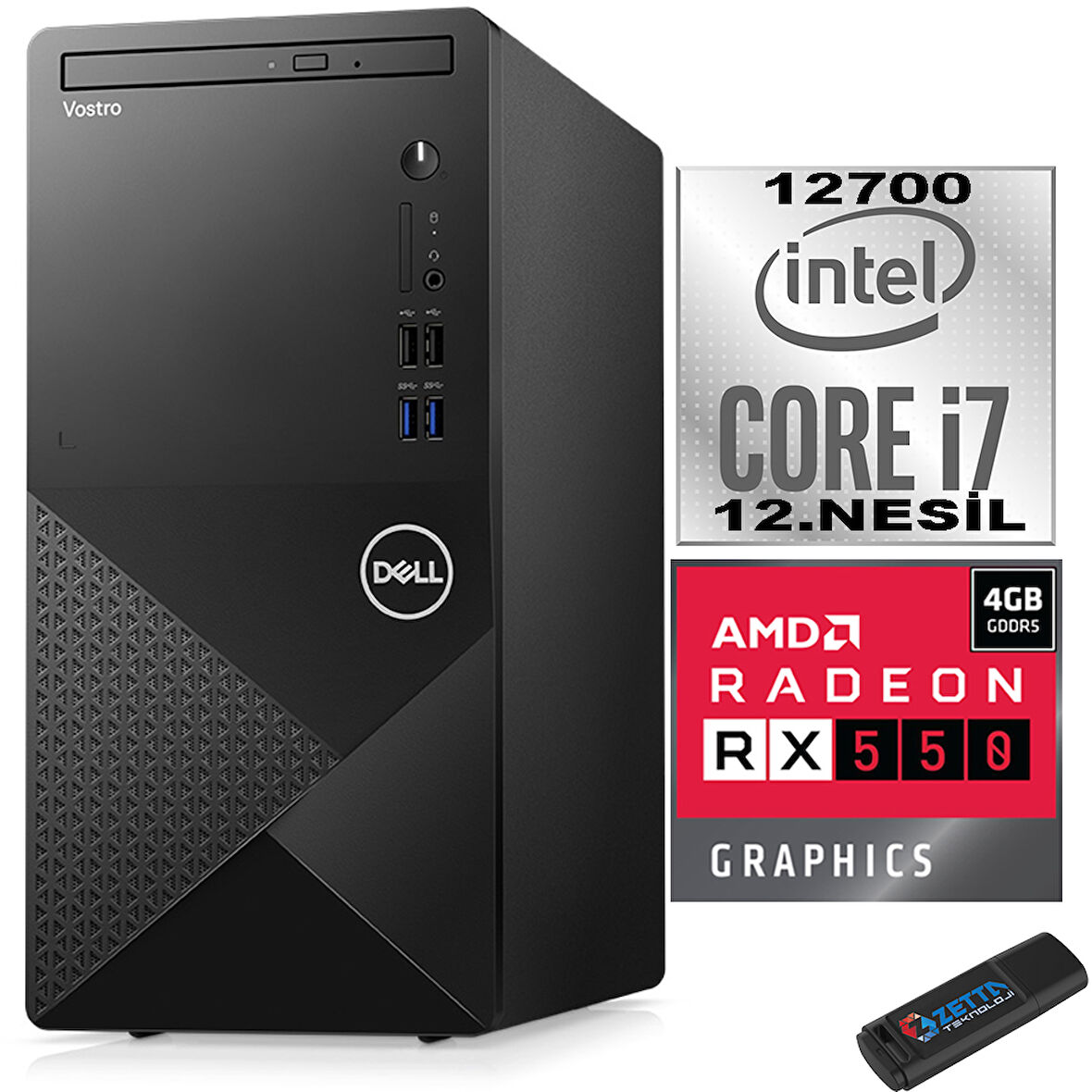 Dell Vostro 3910 MT Intel Core I7 12700 32GB 4TB SSD Windows 11 Pro AMD RX550-4GB Masaüstü Bilgisayar N3910RX550P20 + Zetta USB Bellek