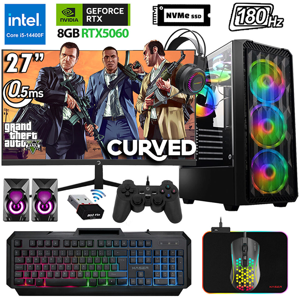 Xaser Xsr1126 i5 14400F 32GB DDR5 Ram 2TB M.2 NVMe SSD 8GB RTX5060 27" 180Hz Oyuncu Bilgisayarı