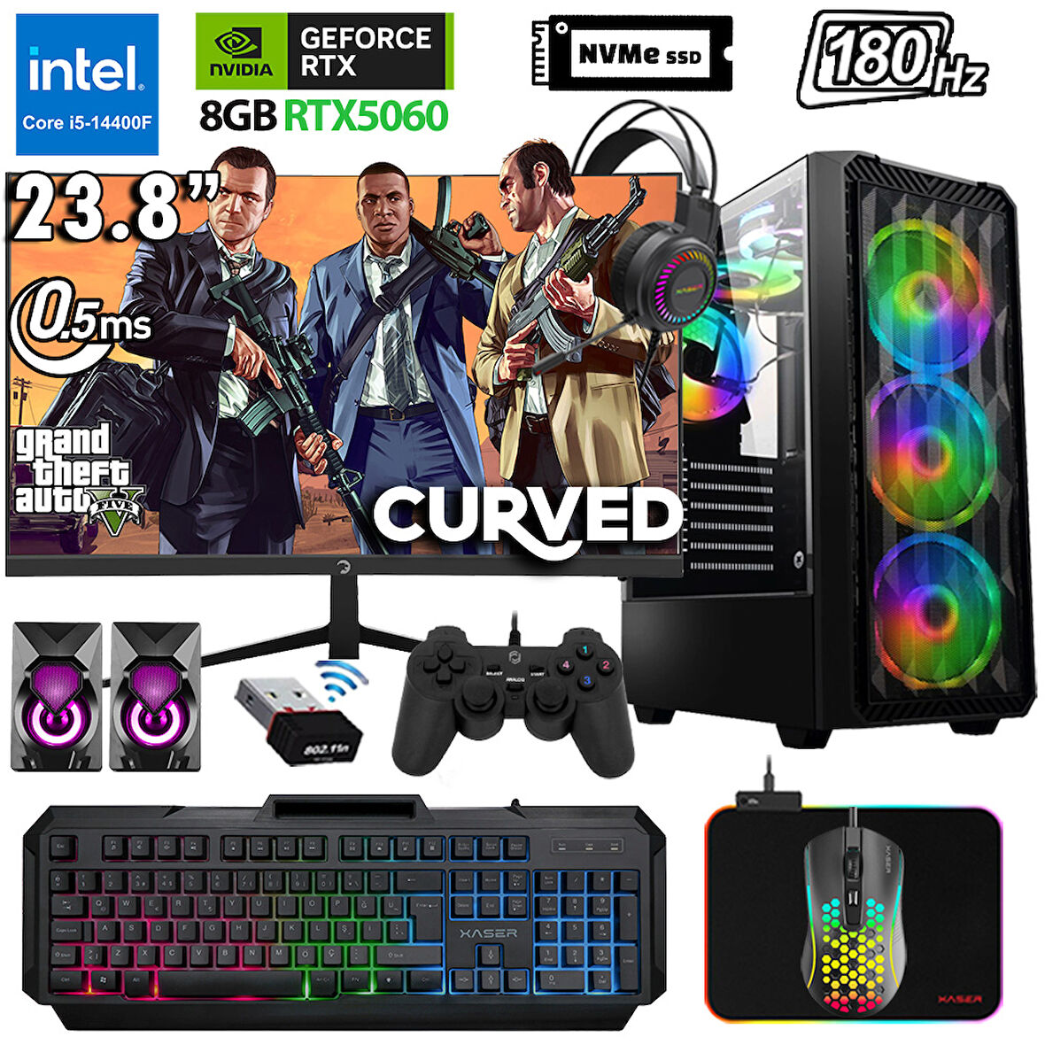 Xaser Xsr1124 i5 14400F 32GB DDR5 Ram 2TB M.2 NVMe SSD 8GB RTX5060 23.8" 180Hz Oyuncu Bilgisayarı