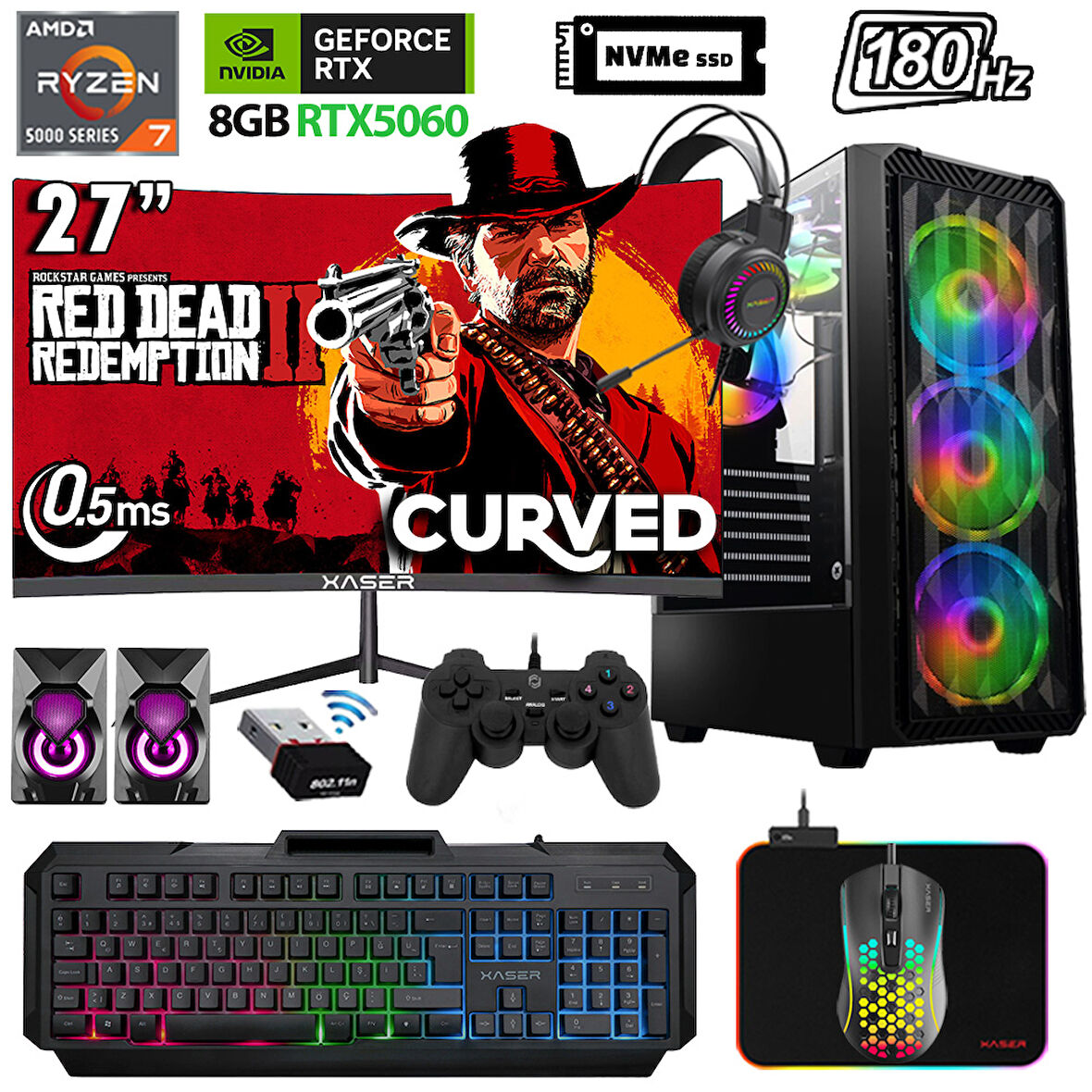 Xaser Xsr1144 Ryzen 7 5700X 32GB Ram 2TB M.2 NVMe SSD 8GB RTX5060 27" 180Hz Oyuncu Bilgisayarı