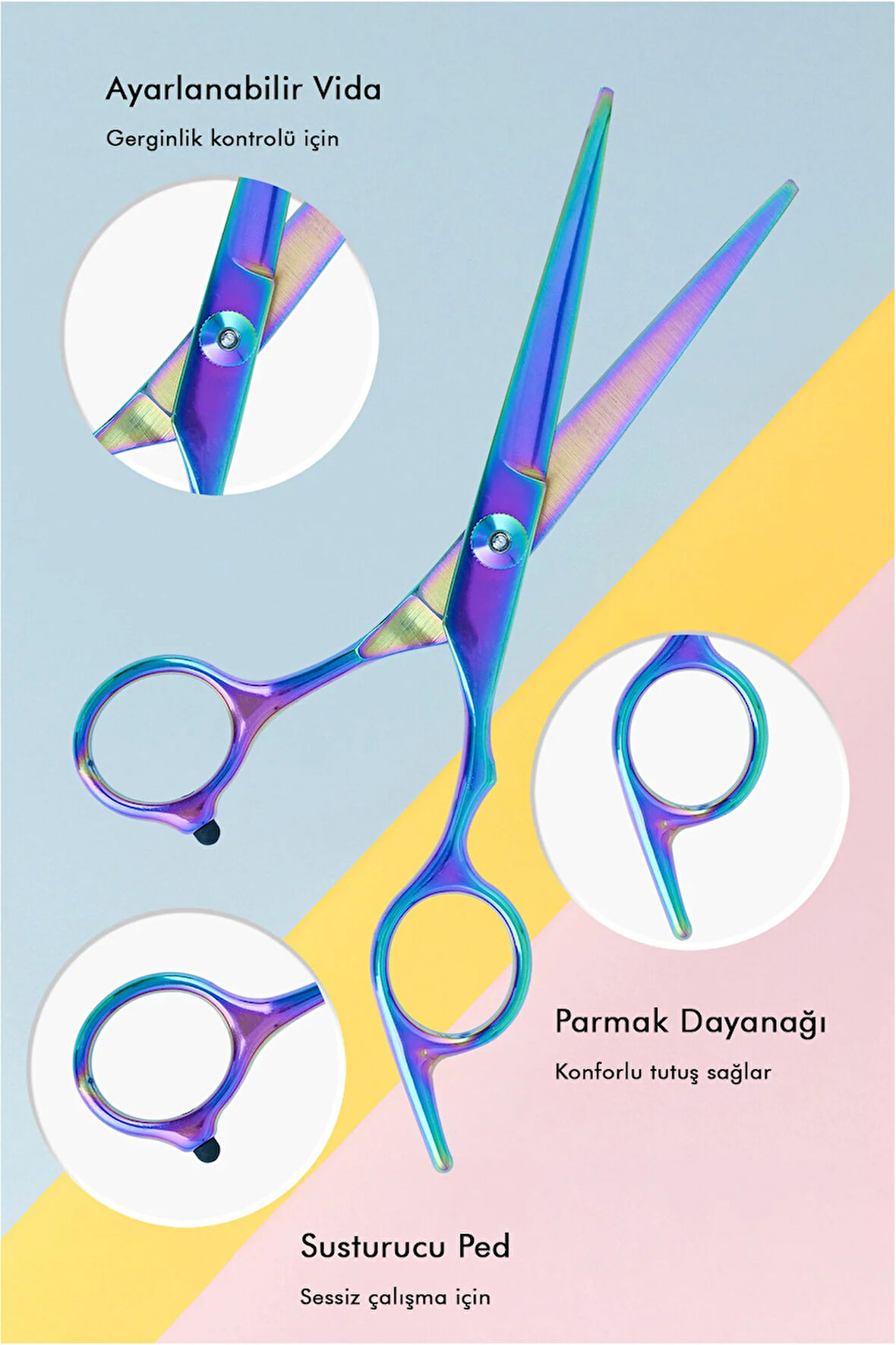 Rainbow Vidalı Kuyruklu Saç Kesim Makası Düz Berber Kuaför Saç Sakal Kesim Profesyonel XLQ501A