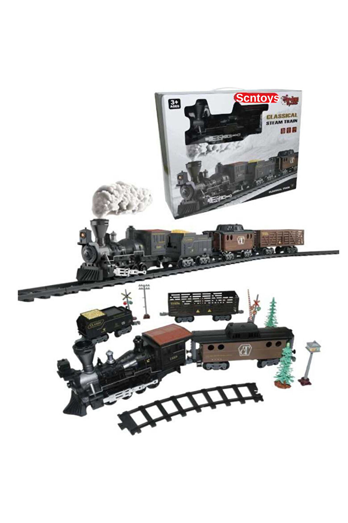 Işıklı Sesli Pilli Klasik Tren Seti 30 Parça Lokomotif Seti Tren Set Oyuncak Buharlı Tren 135 Cm Ray