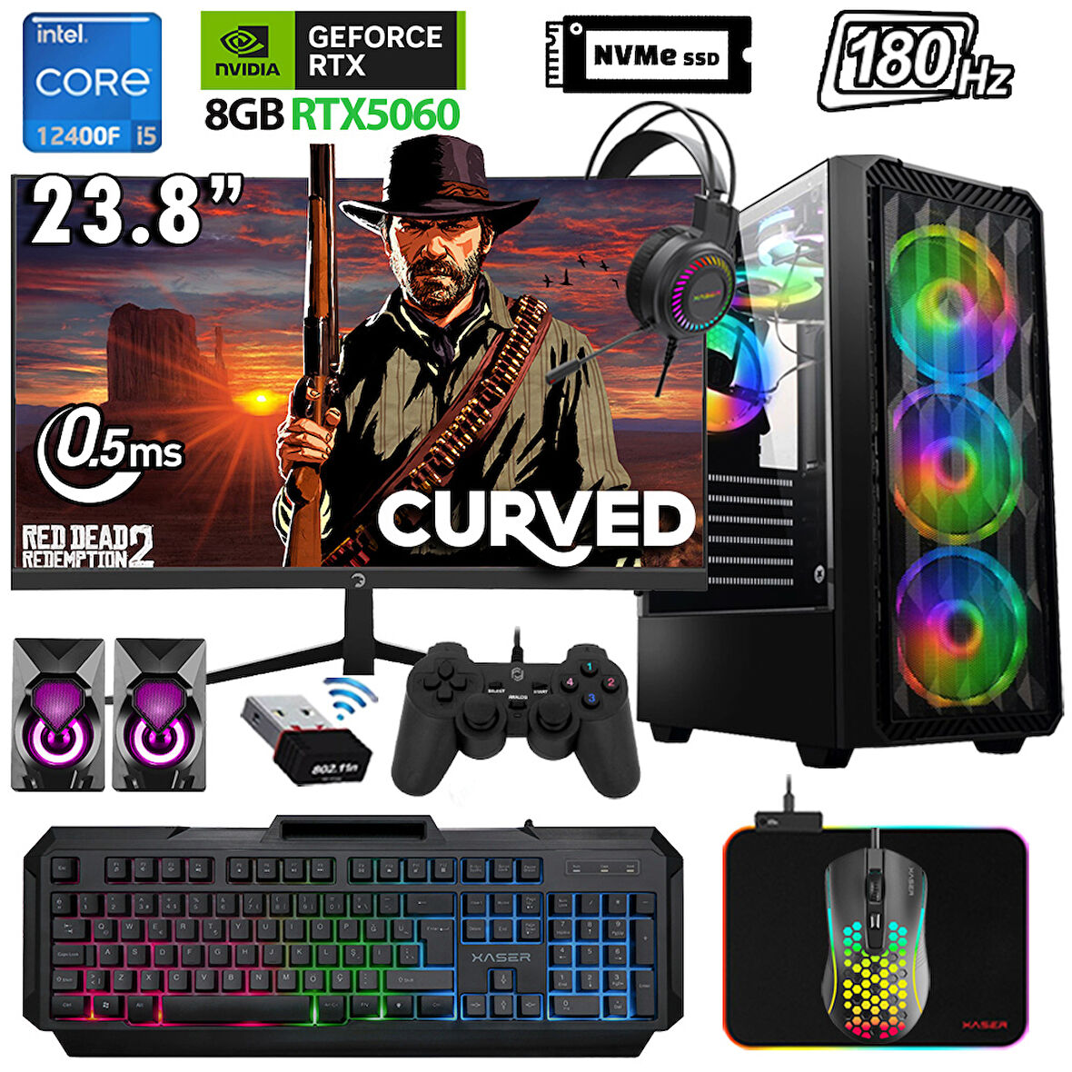 Xaser Xsr1117 i5 12400F 32GB Ram 1TB M.2 NVMe SSD 8GB RTX5060 23.8" 180Hz Oyuncu Bilgisayarı