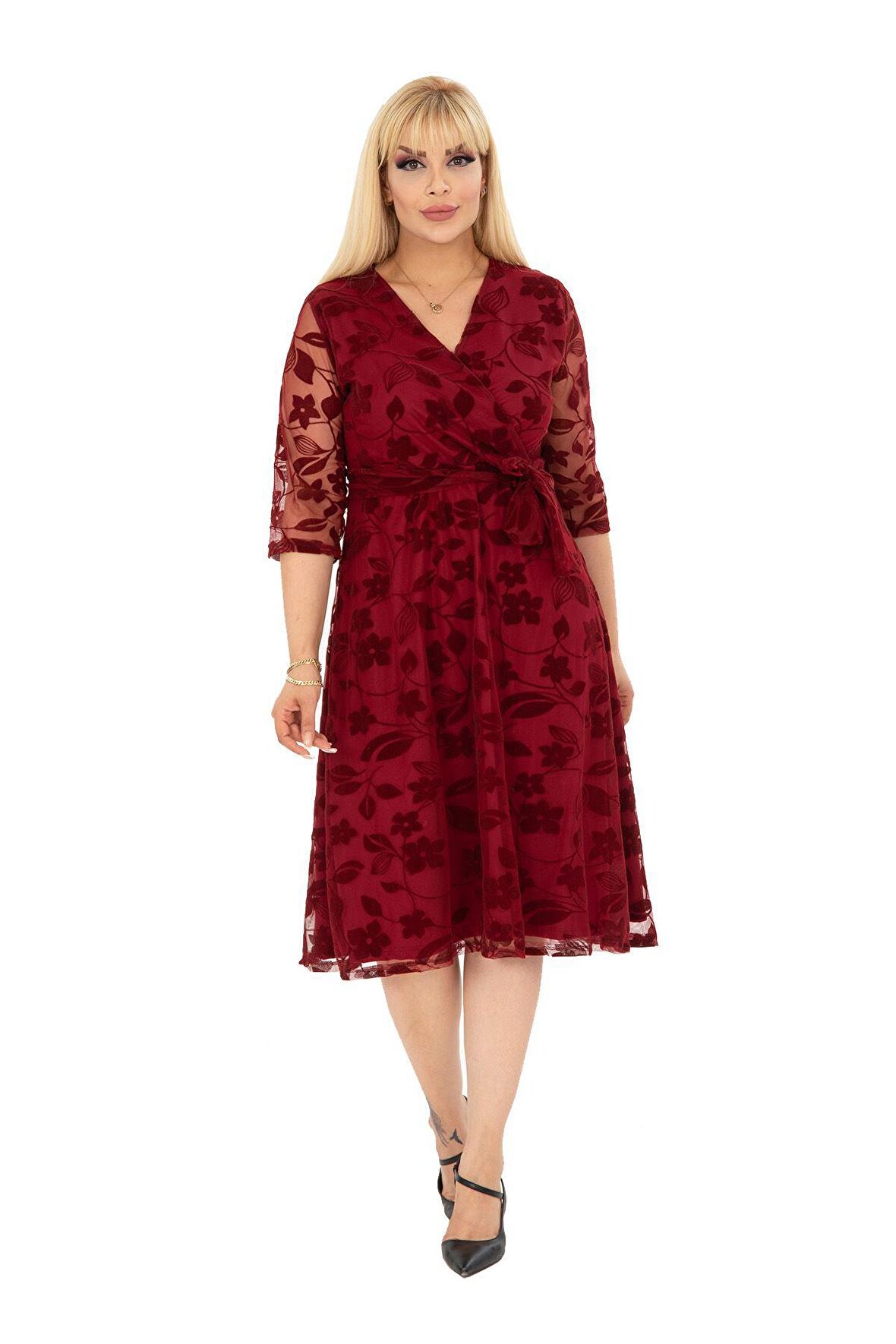 Kruvaze Yaka Büyük Beden Bordo Abiye Elbise 36B-2407