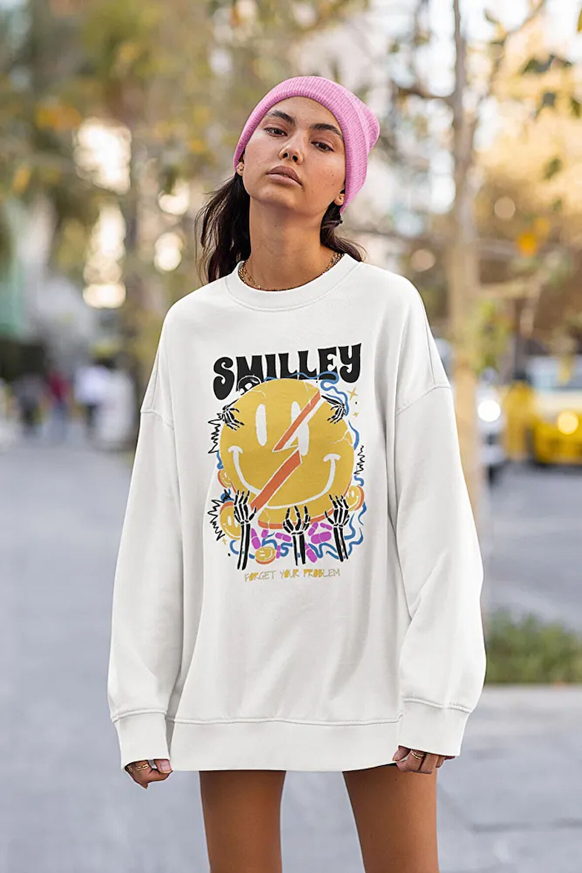 Smilley Forget Your Problem Baskılı Unisex Oversize Tasarım Sweatshirt