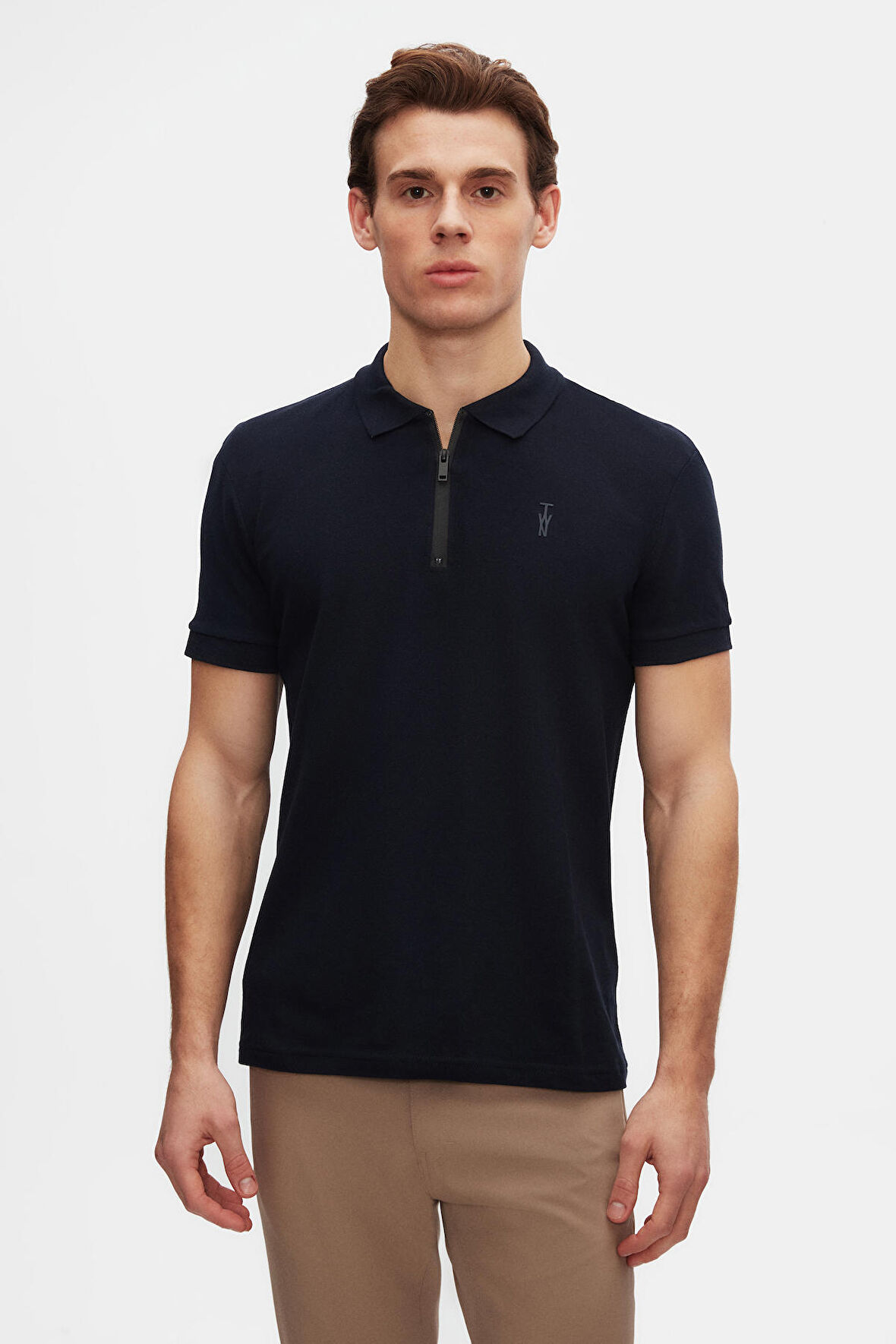 Twn Slim Fit Lacivert Pike Dokulu Yarım Fermuarlı Polo Yaka T-Shirt 4EC14ORTFRPLO