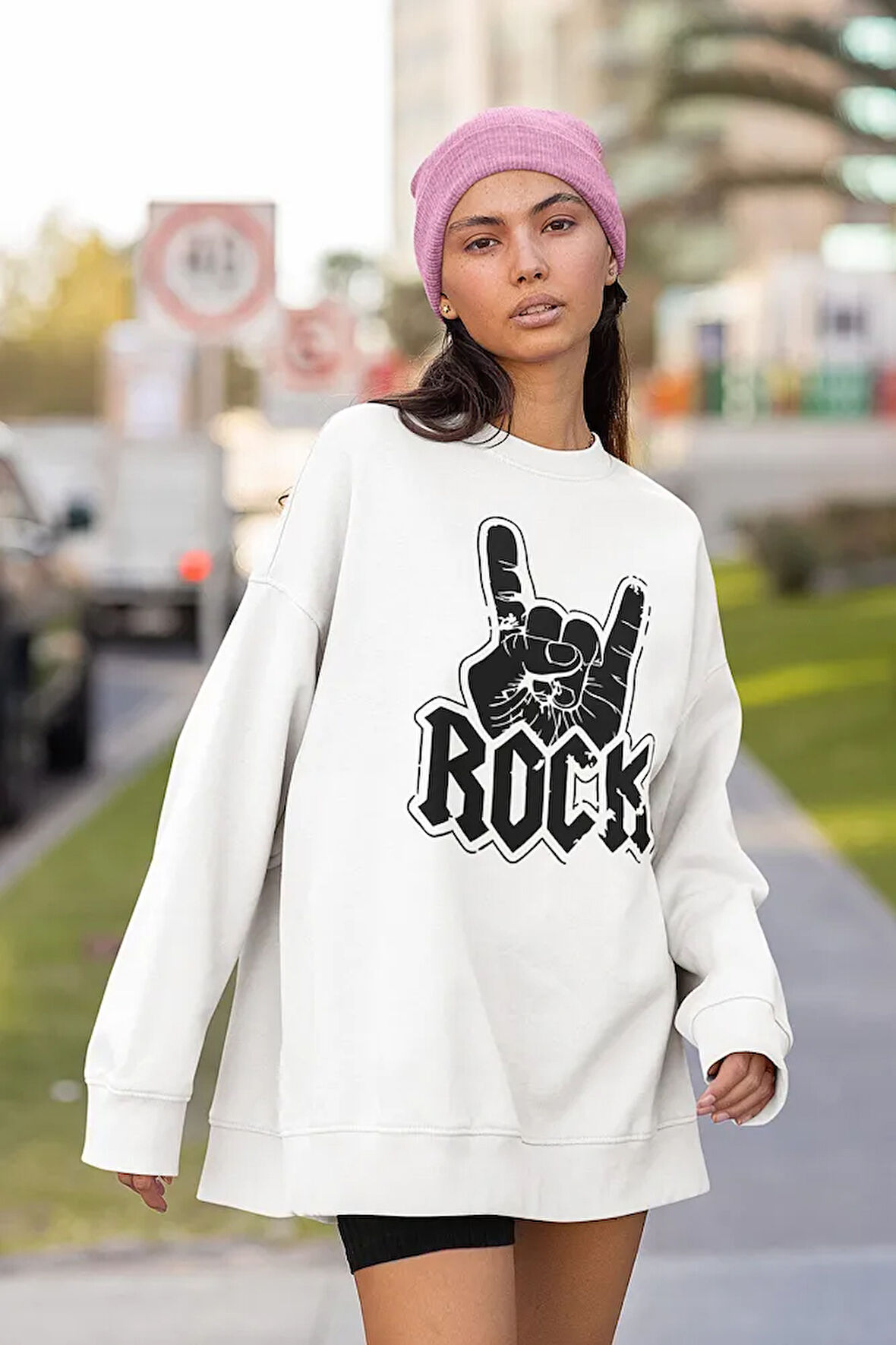 Rock In Roll Baskılı Unisex Oversize Sweatshirt
