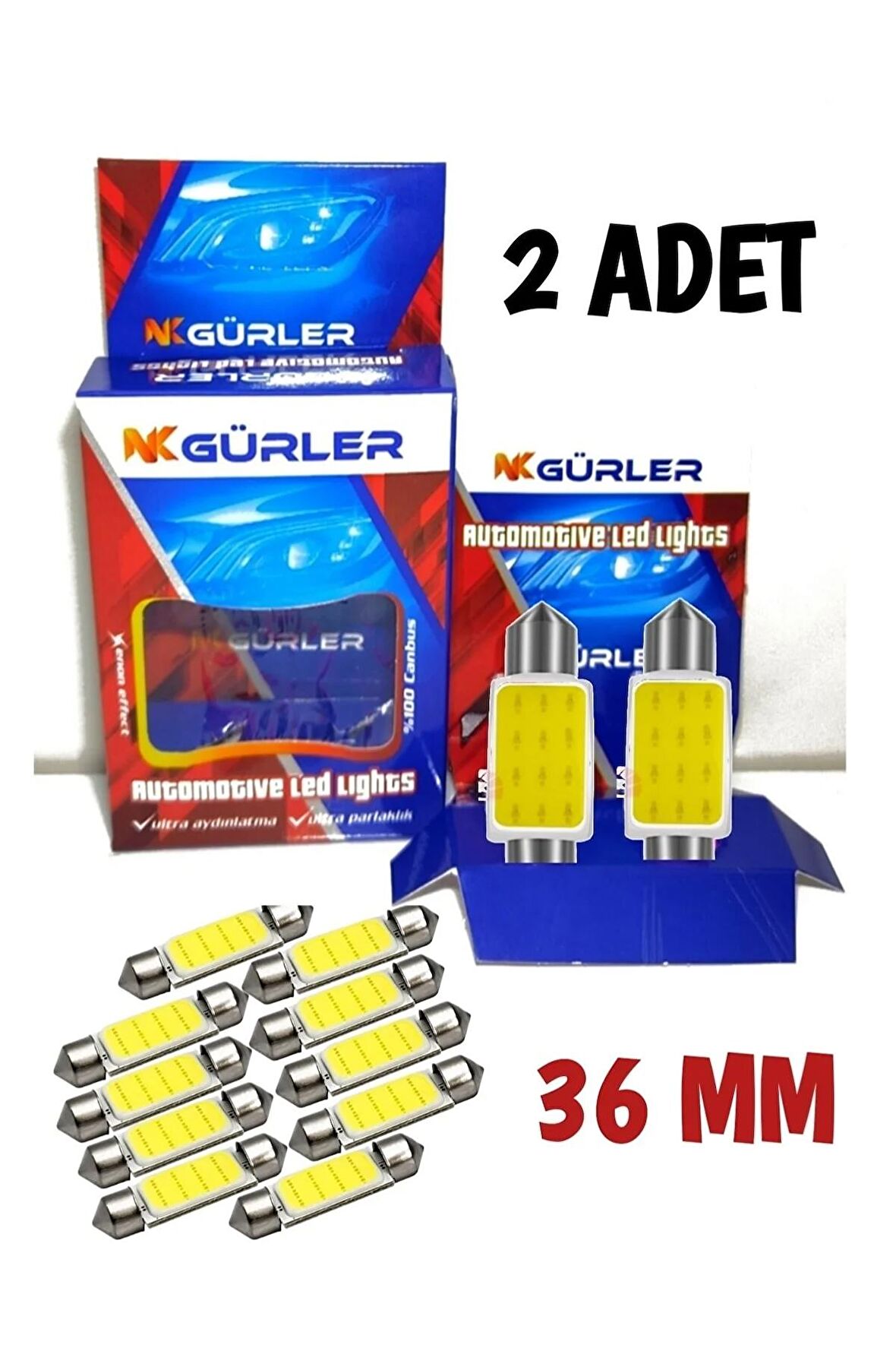 2 Adet Oto Tavan Led Sofit Led Plaka Ampül 36mm 12v Beyaz