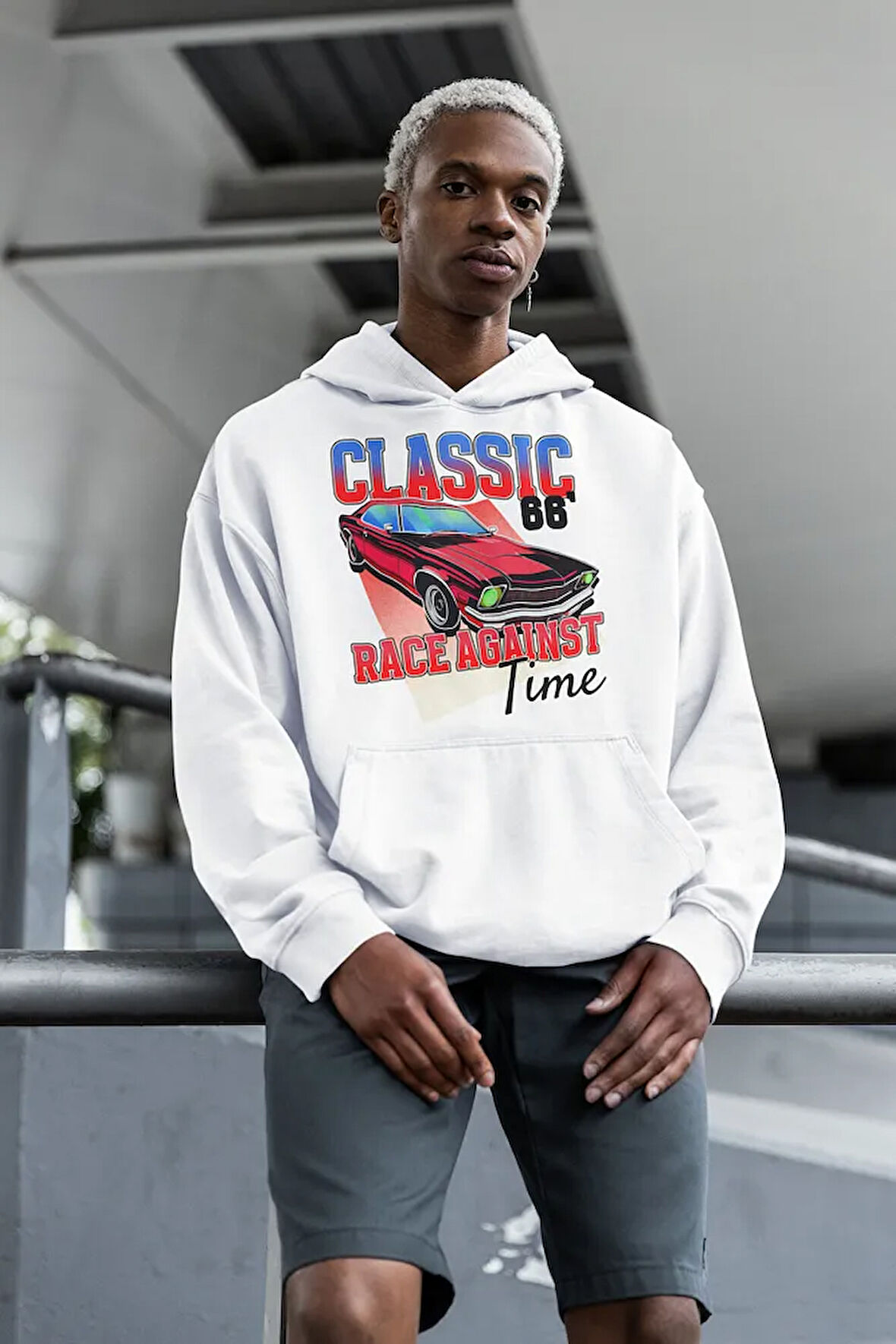 Yarış Zamanı Yazılı Unisex Oversize Klasik Araba Baskılı Hoodie