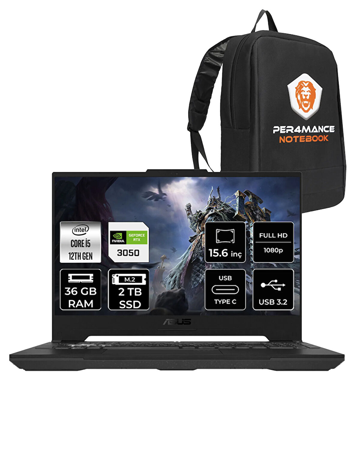 Asus TUF Gaming F15 i5 12500H 36GB 2TB SSD RTX3050/4GB 95W 15.6" FHD 144HZ FDOS HN081 & PER4 ÇANTA