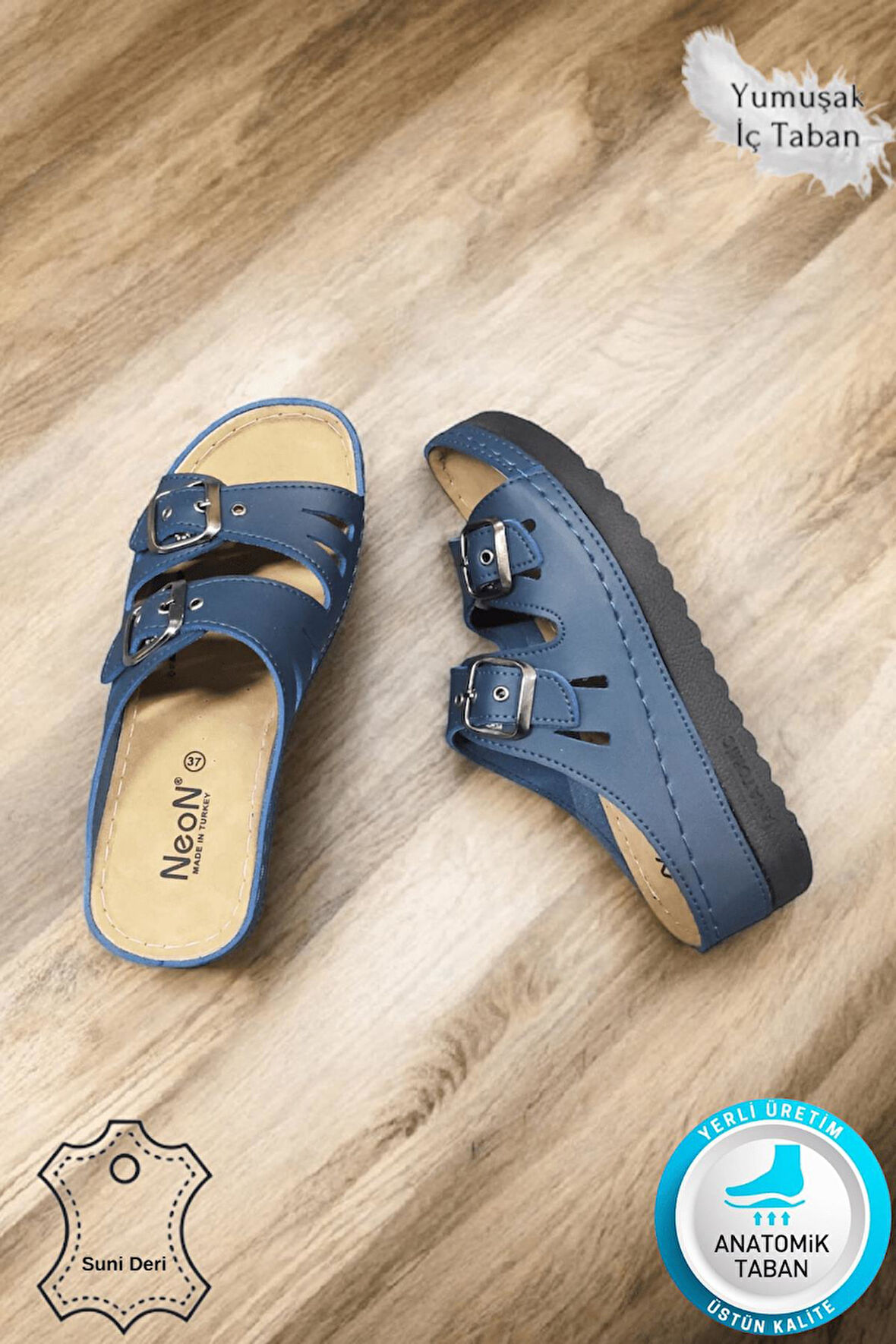 Darma Kadın Günlük Terlik Çift Bant Taşlı Tokalı Ortopedik Taban Anne Dışarı & Ev İçi Terliği