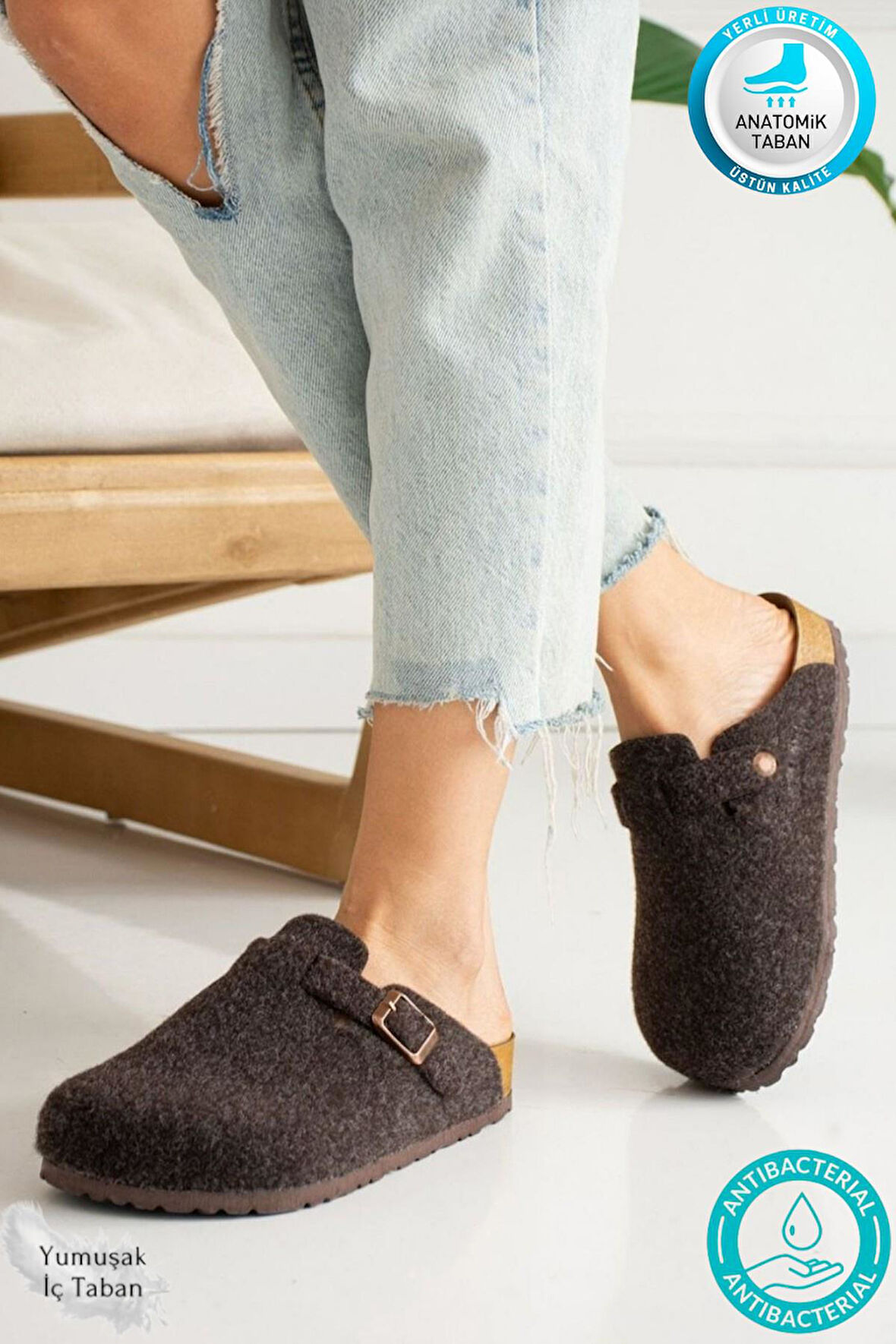 Oslo Kadın Mantar Tabanlı Kışlık Önü Kapalı Keçeli Günlük Rahat Sabo Ev Terliği