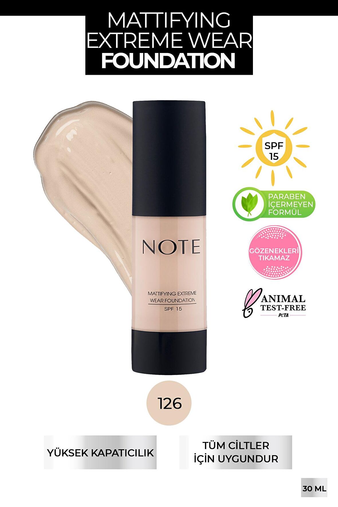 Note Mattifying Extreme Wear SPF 15 Fondöten 126 Nude Ivory