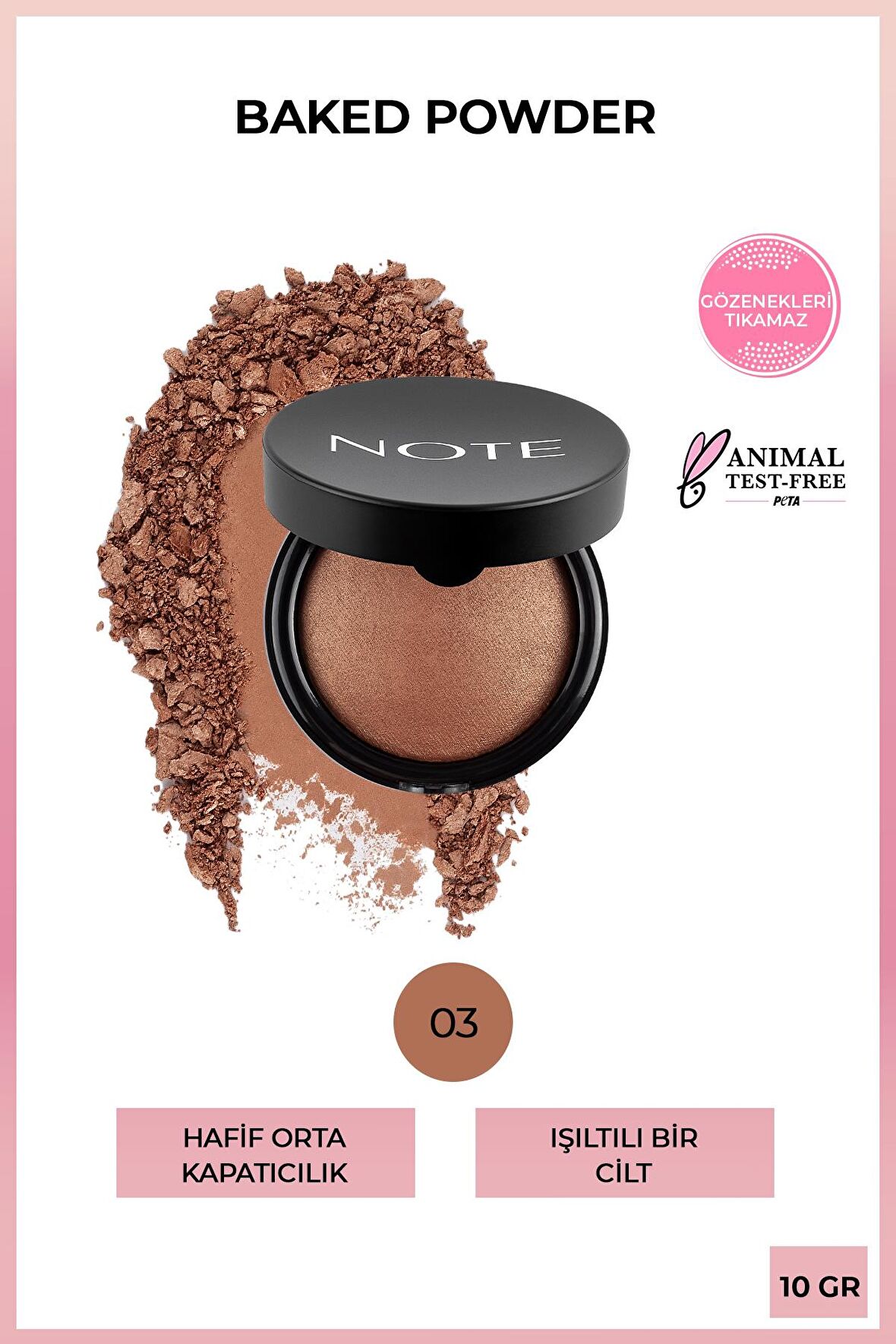 Note Baked Powder Işıltılı Bitişli Highlighter Toz Yüz Pudrası 03 Caramel Cake