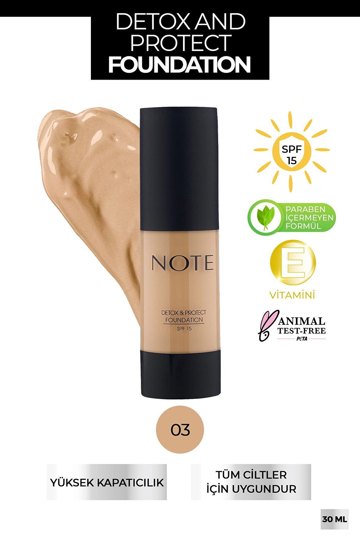 Note Detox & Protect Fondöten Canlandırıcı Etki 03 Medium Beige