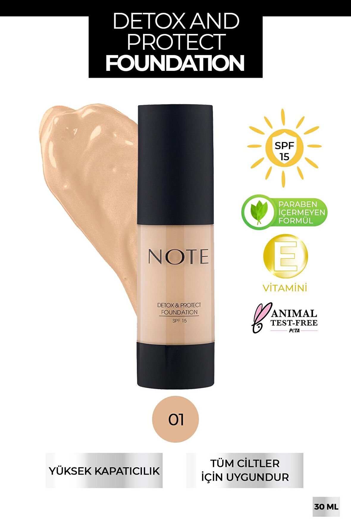 Note Detox & Protect Fondöten Canlandırıcı Etki 01 Beige