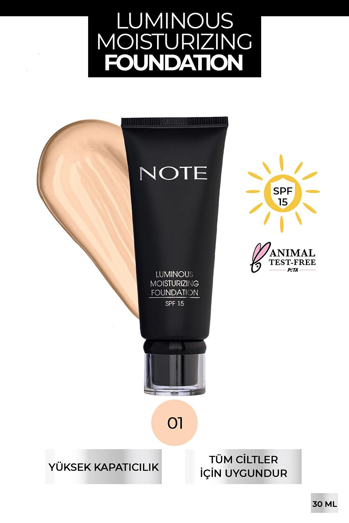 Note Luminous Moisturizing Nemlendirici Etkili SPF 15 Kapatıcı Fondöten 01 Beige