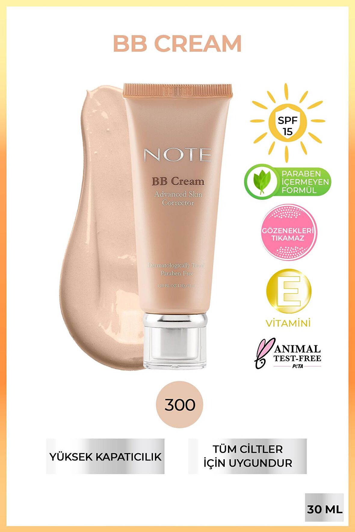 Note BB Cream Nemlendirici Etkili Doğal Kapatıcı SPF 15 BB Krem 300 Light Beige