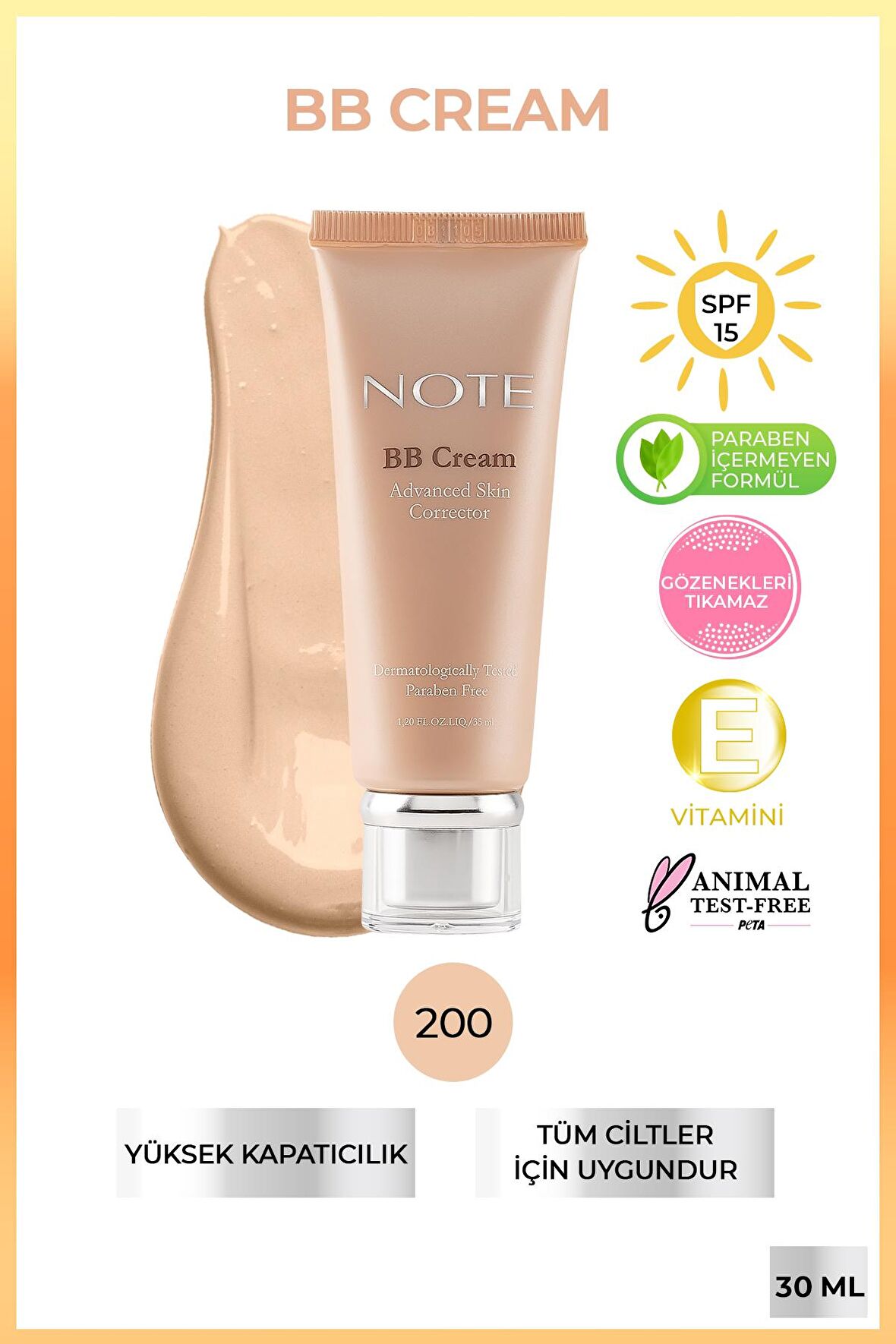 Note BB Cream Nemlendirici Etkili Doğal Kapatıcı SPF 15 BB Krem 200 Soft Ivory