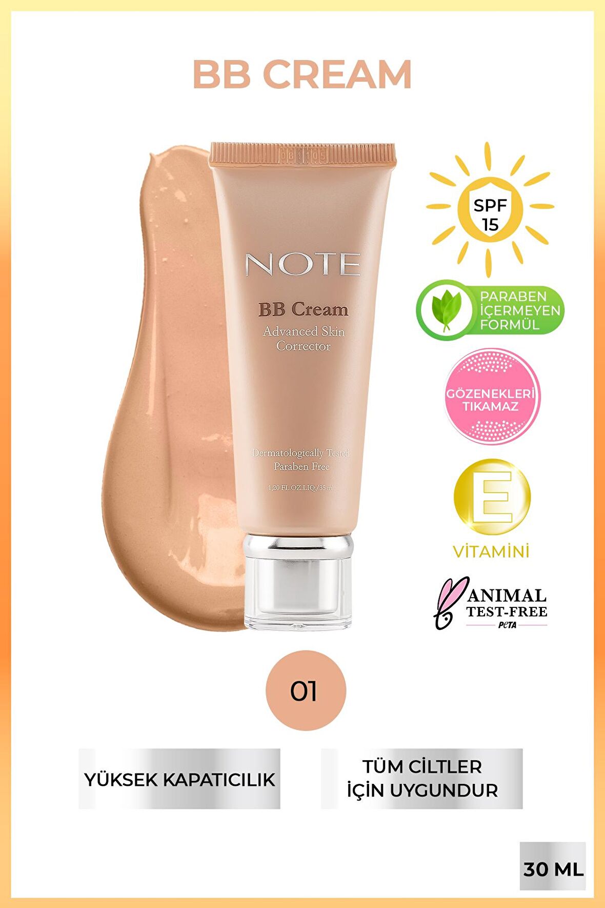 Note BB Cream Nemlendirici Etkili Doğal Kapatıcı SPF 15 BB Krem 01