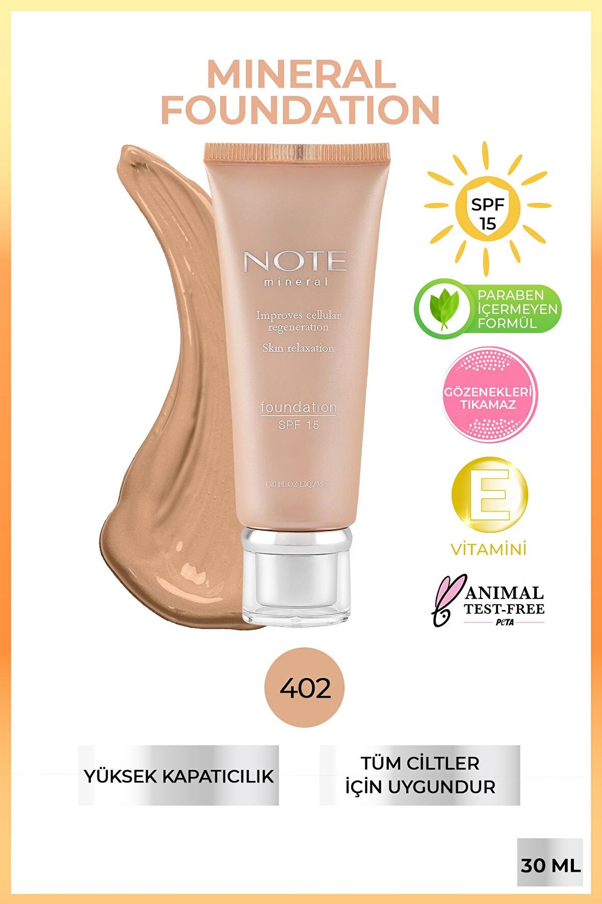 Note Mineral Saten Bitişli SPF 15 Kapatıcı Fondöten 402