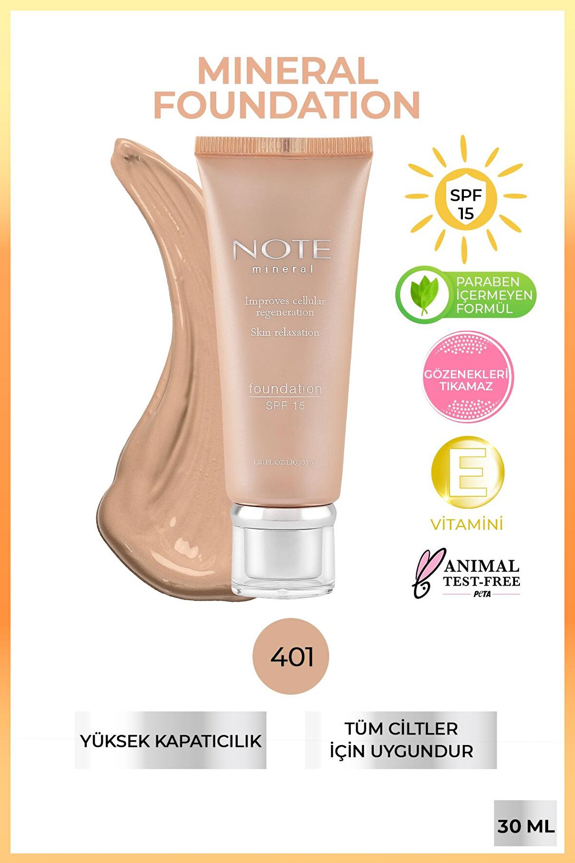 Note Mineral Saten Bitişli SPF 15 Kapatıcı Fondöten 401