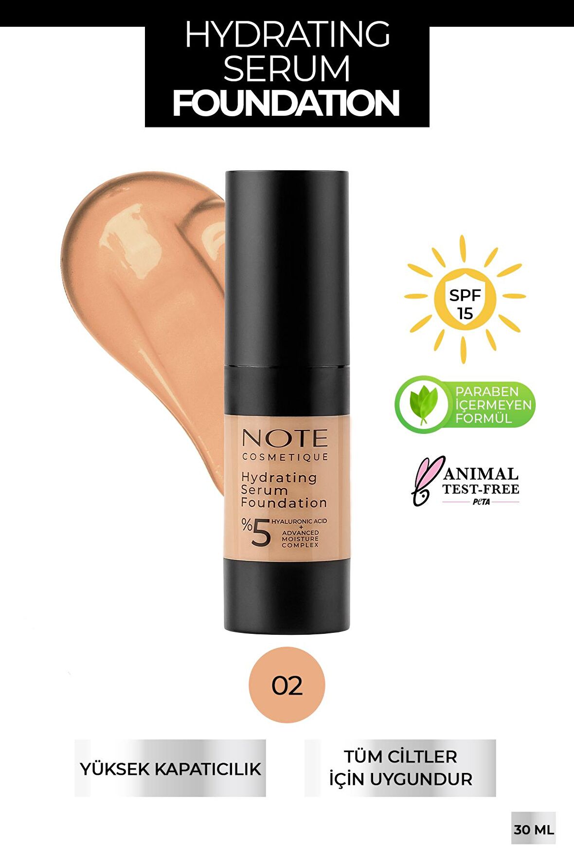 Note Hydrating Nemlendirici Etkili Hyaluronik Asitli SPF 50 Serum Fondöten 02